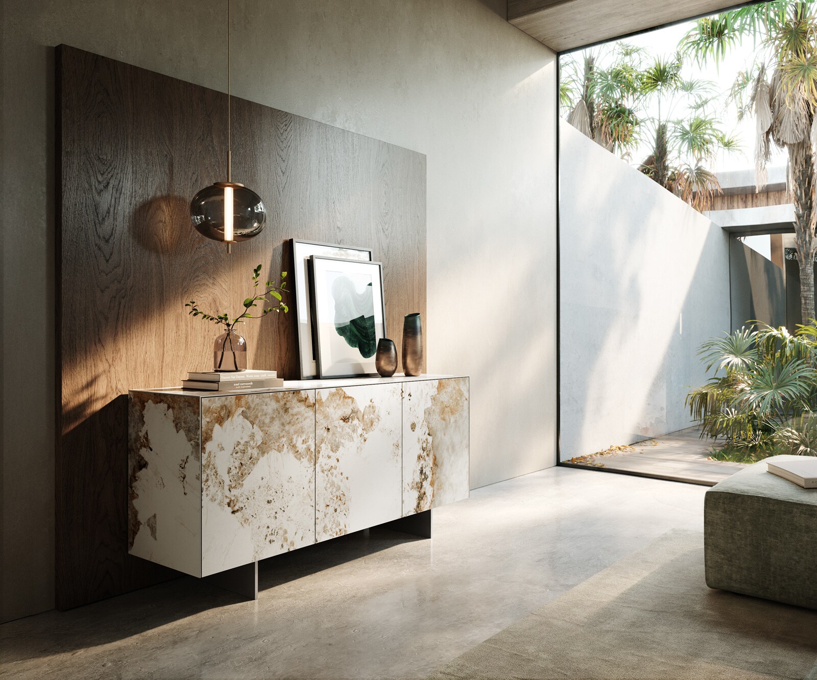 Sideboard Cuor 150 cm Keramik Minas Melange Weiß-Beige 3 Türen Fuß Schwebeoptik Edelstahl
