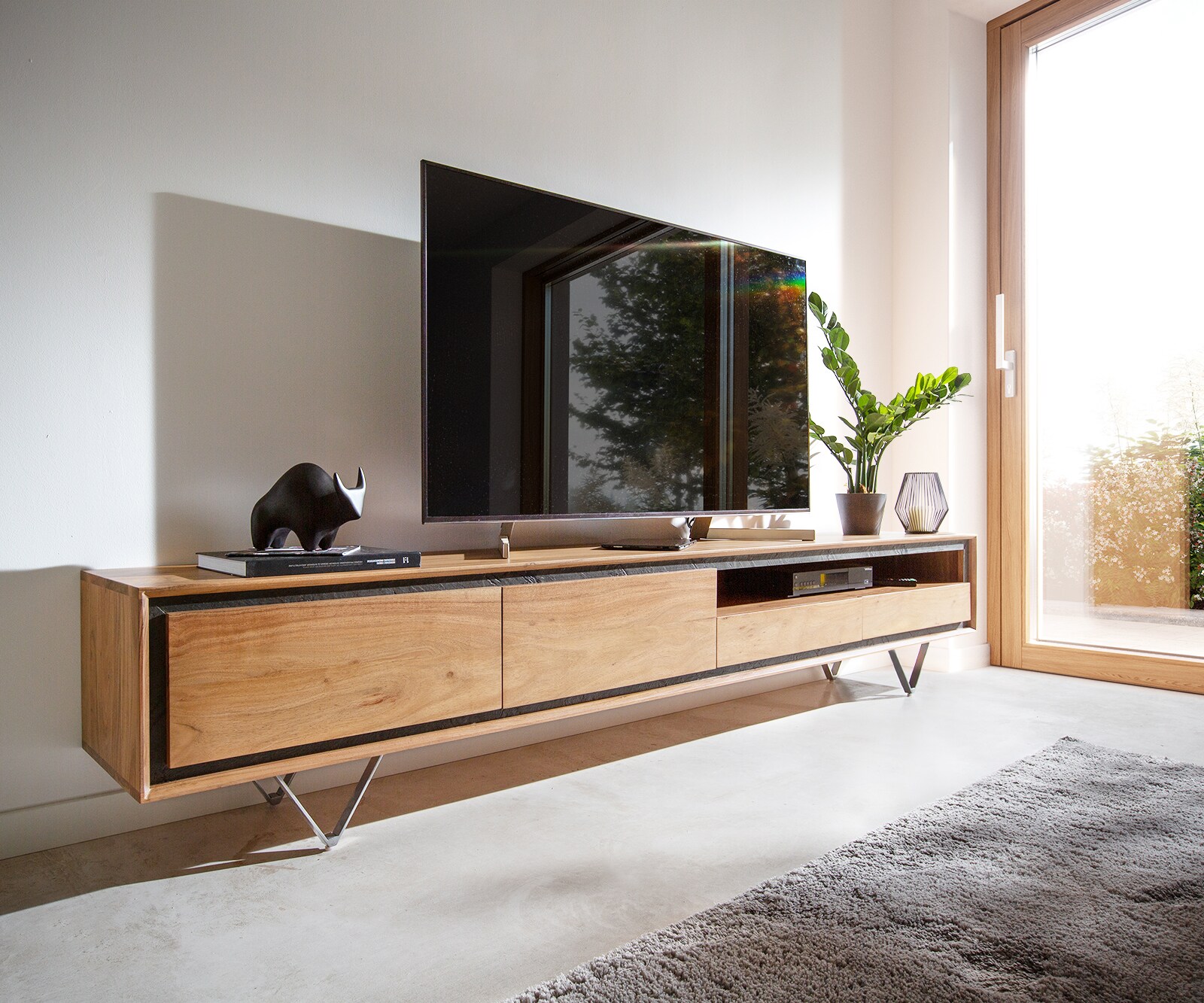 Meuble-TV Stonegrace 200 cm acacia nature 4 portes placage pierre flottant 3