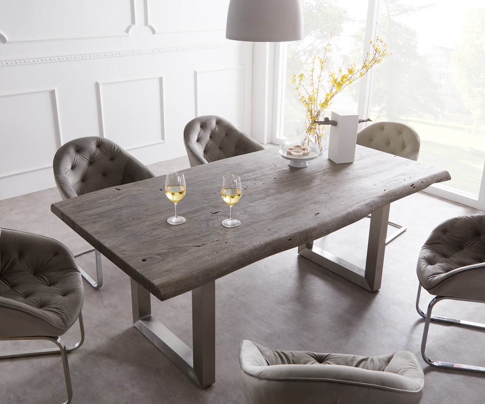 Esstisch Edge 220x100cm XL Akazie Platin Edelstahl breit Live-Edge 4