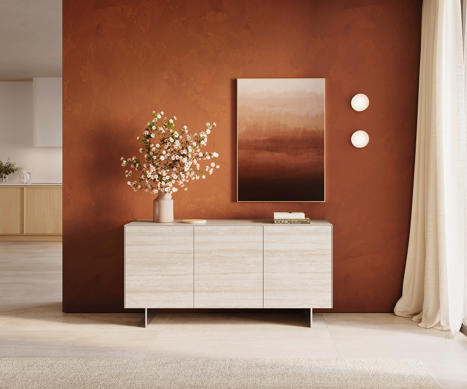 Sideboard Cuor 150 cm Keramik Laminam® Travertino Bianco Creme-Weiß 3 Türen Fuß Schwebeoptik Edelstahl 1