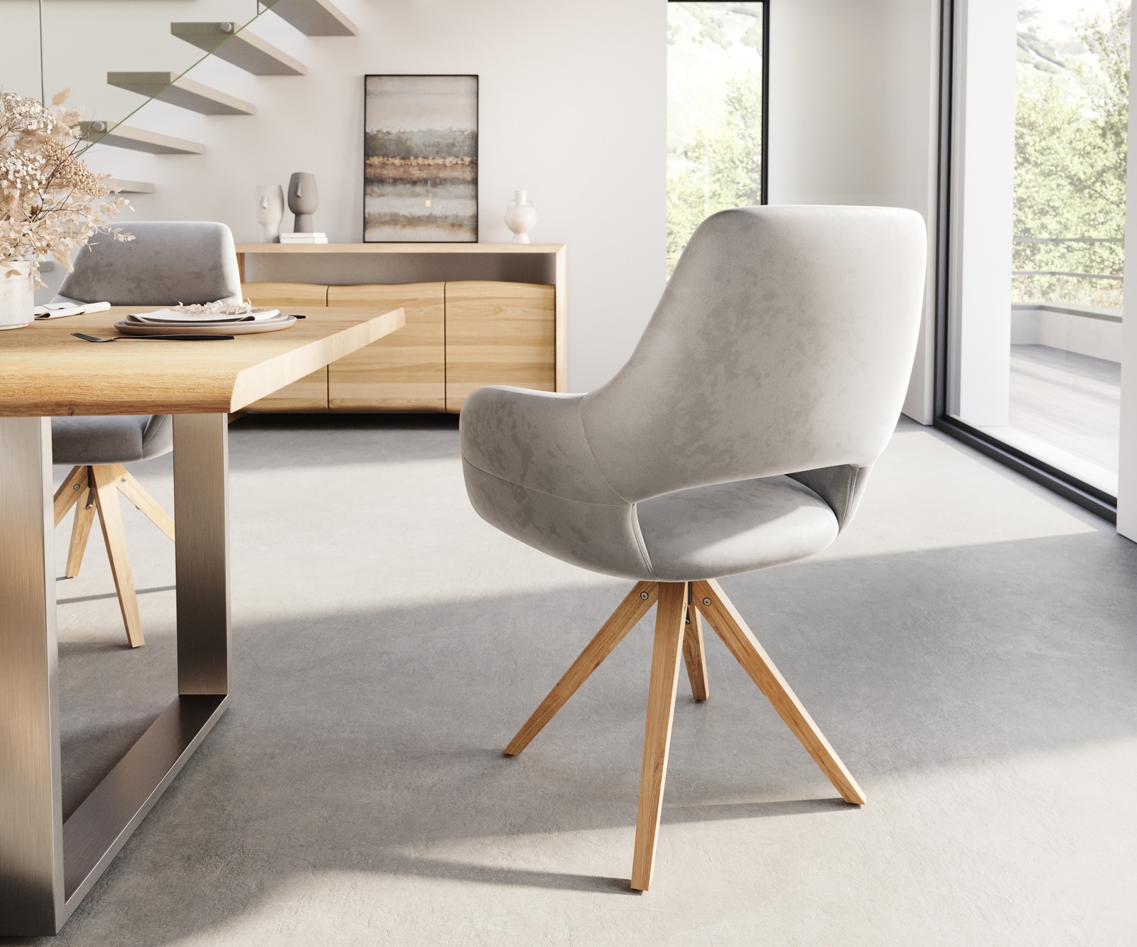 Esszimmerstuhl Yago-Flex mit Armlehnen Samt Grau Holzgestell kantig Natur Taschenfederkern 4 Esszimmerstuhl Yago-Flex mit Armlehnen Samt Grau Holzgestell kantig Natur Taschenfederkern 4