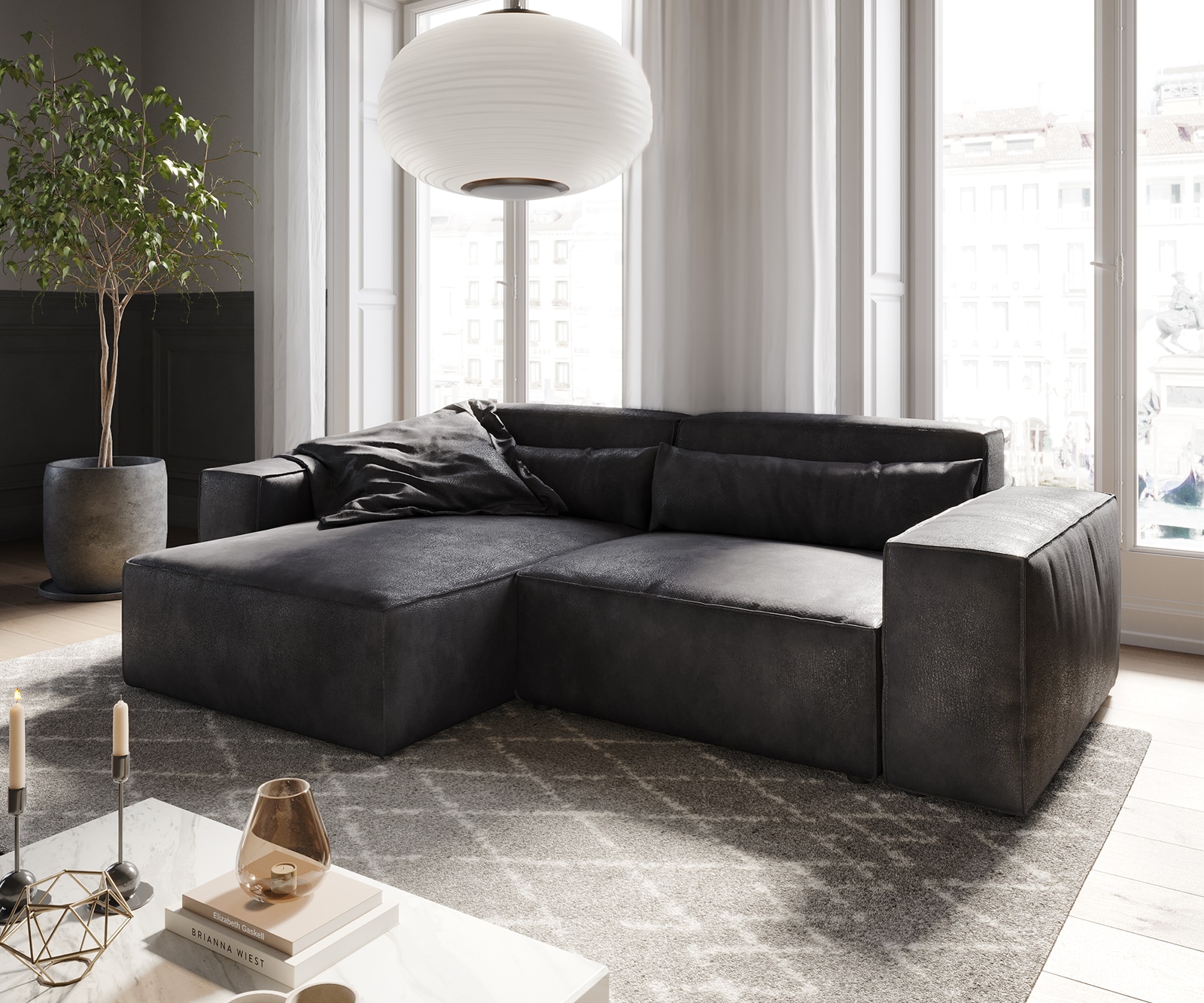 Ecksofa Sirpio L 260x160 cm Lederimitat Vintage Anthrazit Recamiere variabel