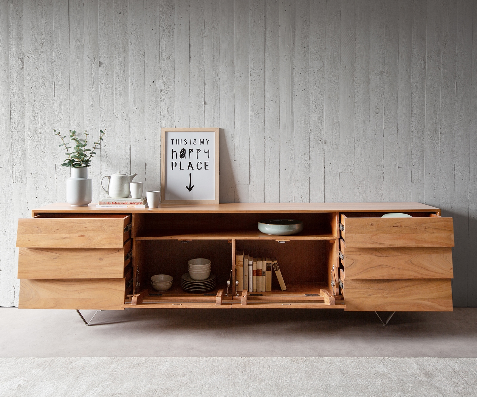 Sideboard Eloi 240x40 cm Akazie Natur 2 Türen 6 Schubladen V-Fuß Edelstahl 3 Sideboard Eloi 240x40 cm Akazie Natur 2 Türen 6 Schubladen V-Fuß Edelstahl 3