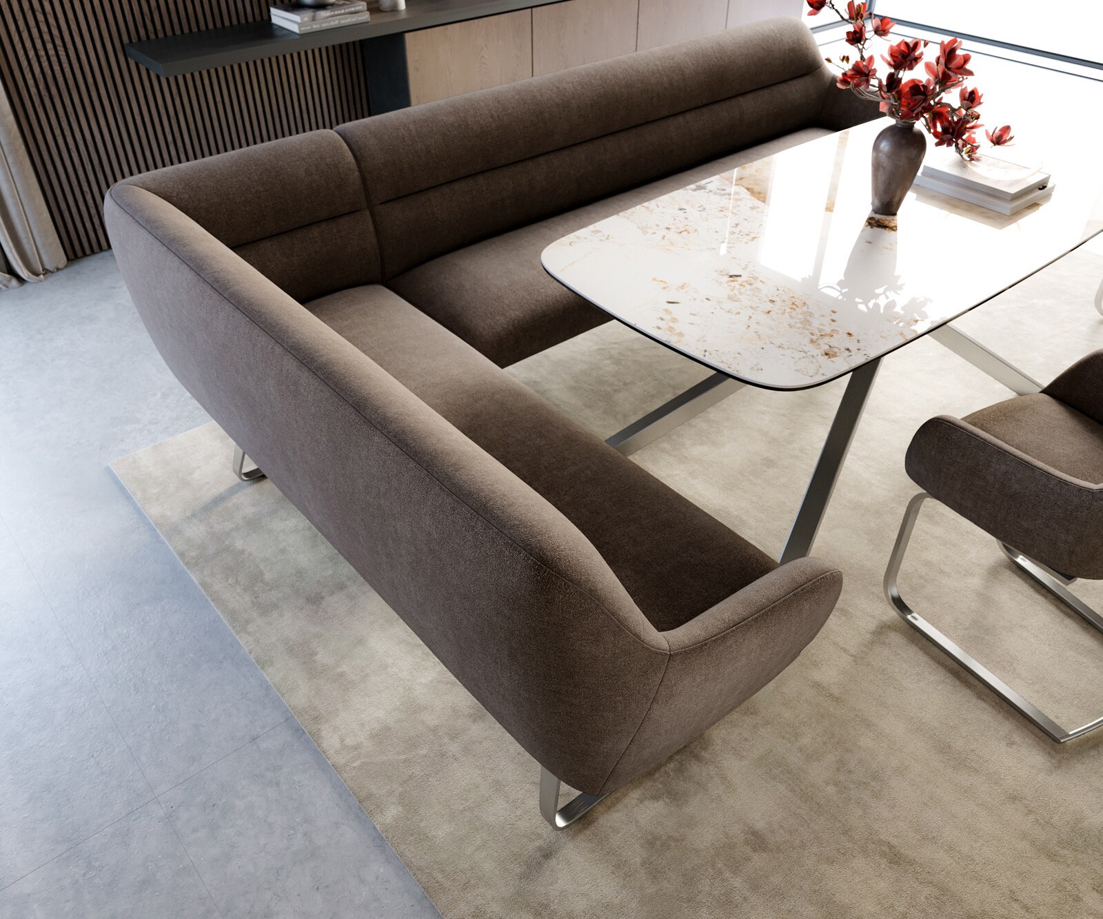 Banc-de-salle-à-manger Taya-Flex 285x190 cm tissu structuré doux taupe châssis à patins plat acier inoxydable ressort ensaché liens 4
