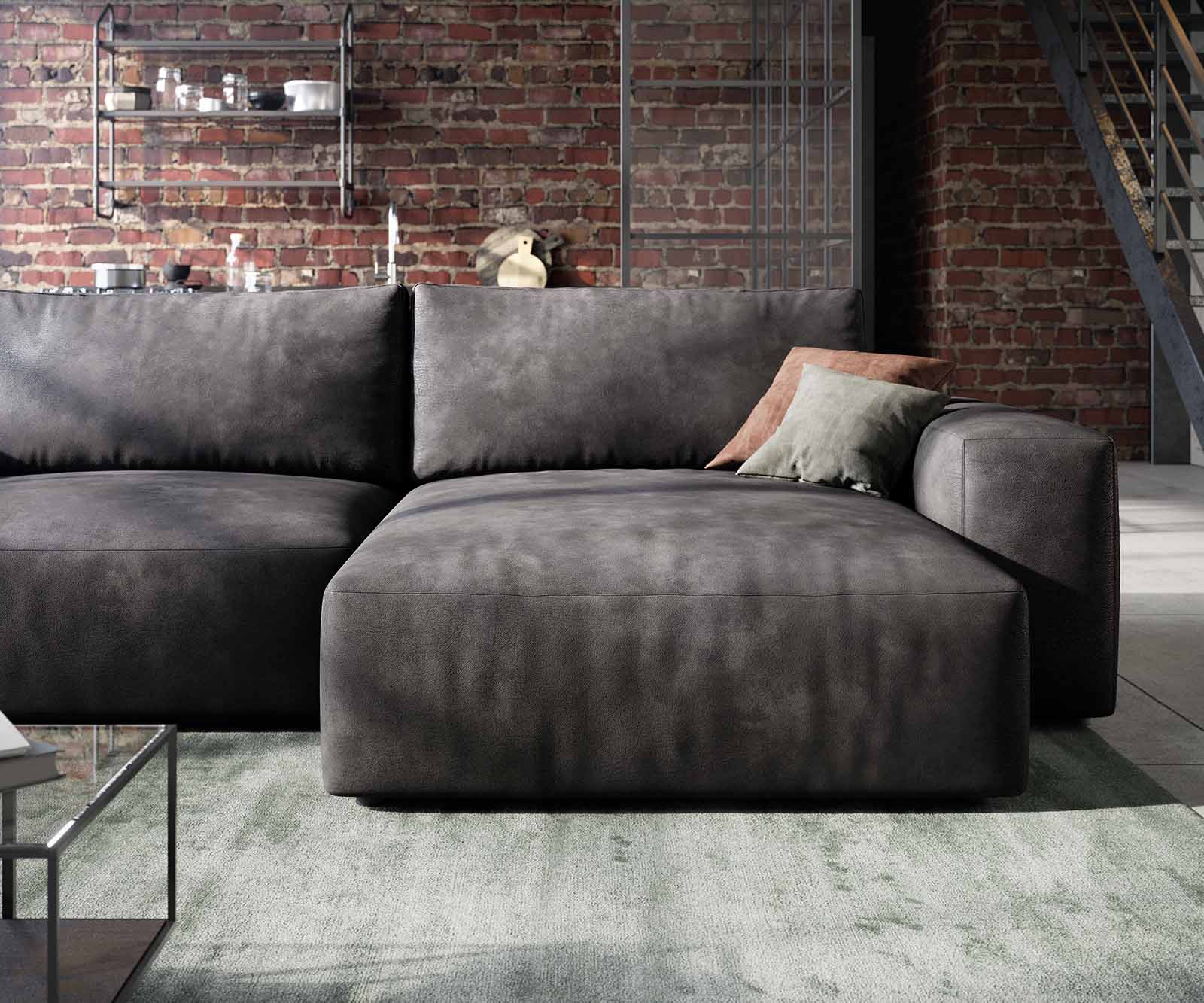 Canapé d’angle Lanzo 230x155 cm similicuir vintage anthracite méridienne réversible 5