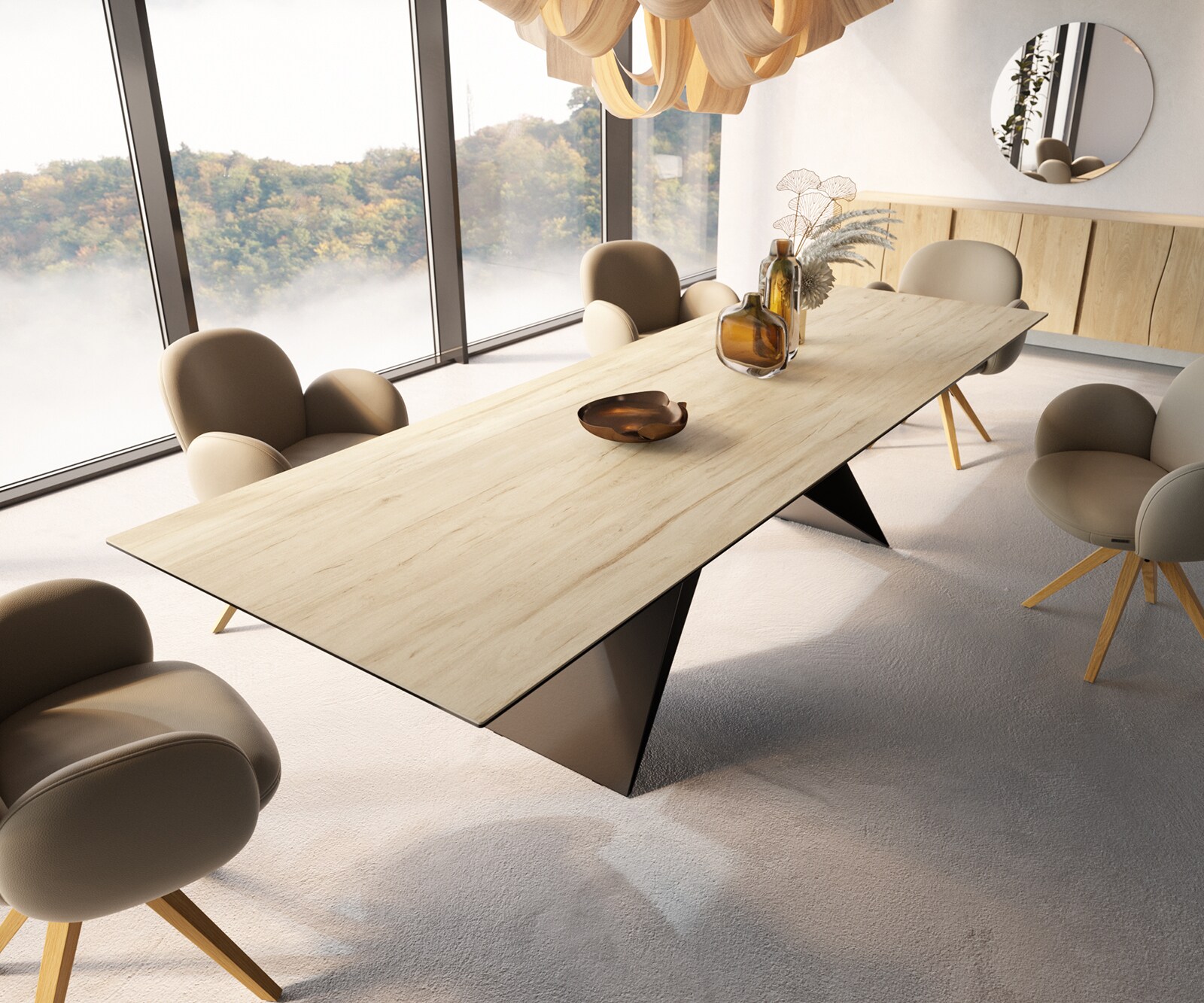 Esstisch Edge 300x100 Keramik Laminam® Sabbia Eichefarbig V-Gestell Flachstahl Schwarz 3