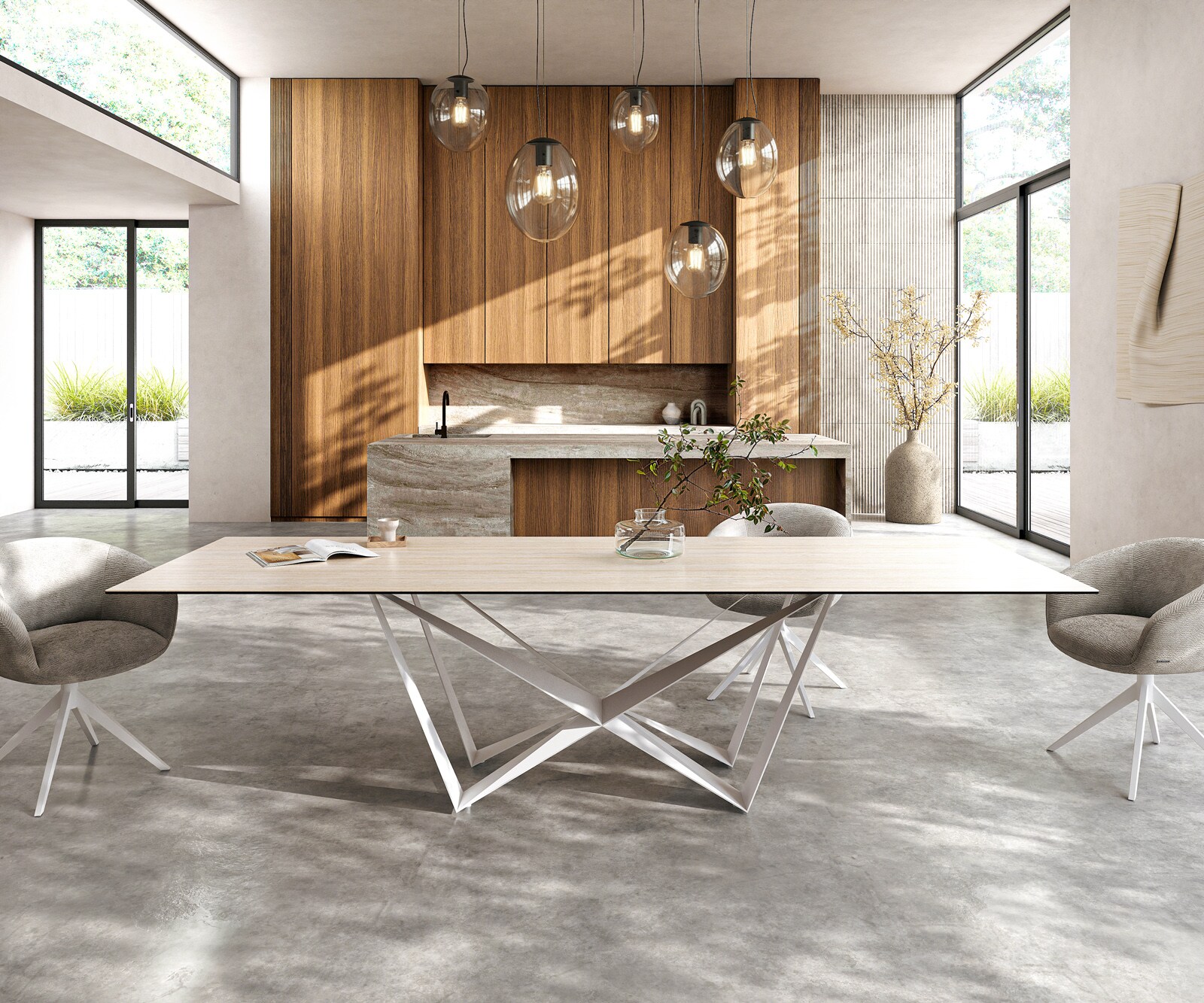 Table à manger Edge 300x100 céramique Laminam® Travertino Bianco crème-blanc Spider métal blanc 1
