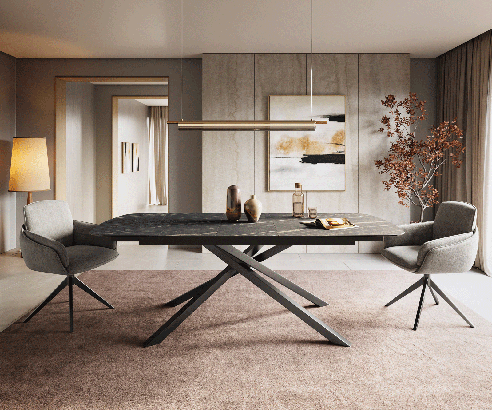 Esstisch Edge Boot 180-220x100 cm Laminam® Keramik Noir Desir Braun Spider Metall Effektfinish Titan ausziehbar 1