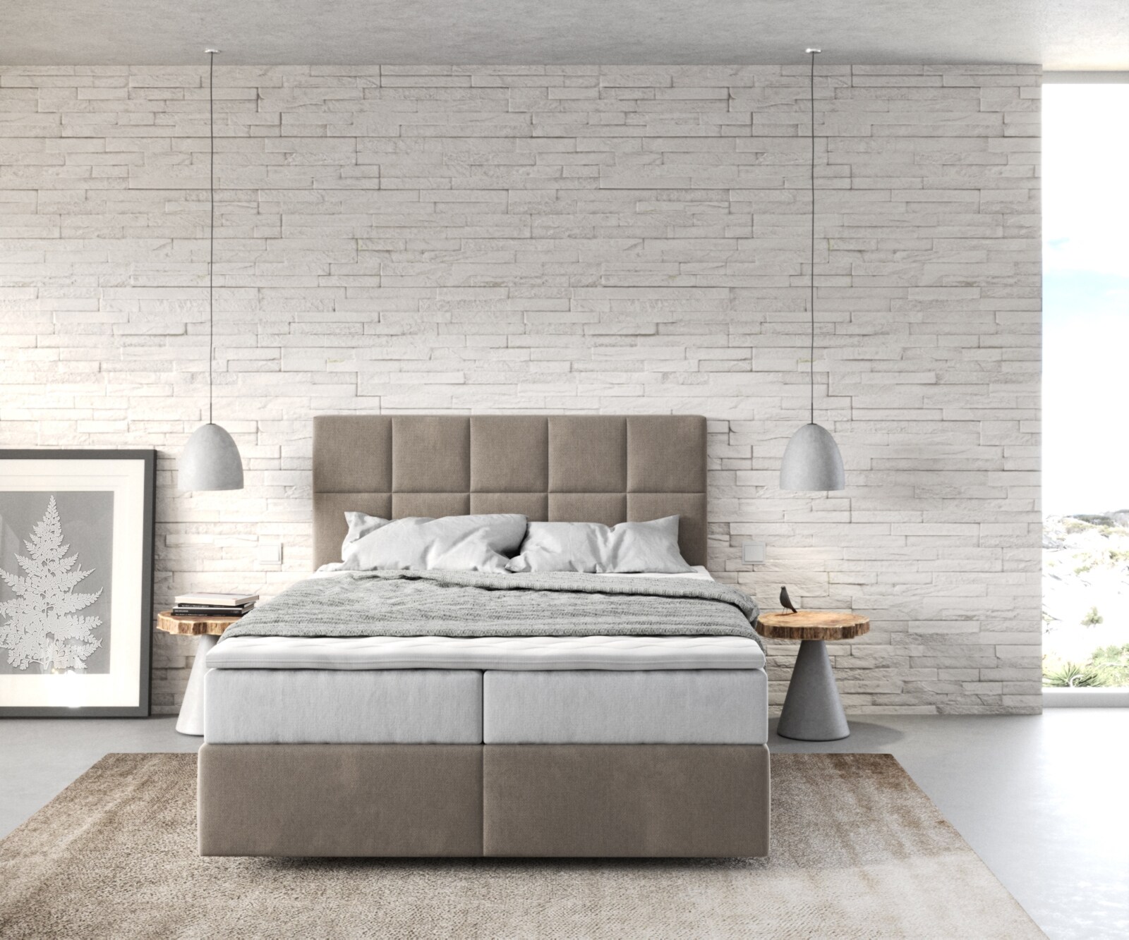 Lit-à-sommier-tapissier  Dream-Fine 140x200 cm Microfibre Beige avec matelas TFK et surmatelas viscoélastique 1
