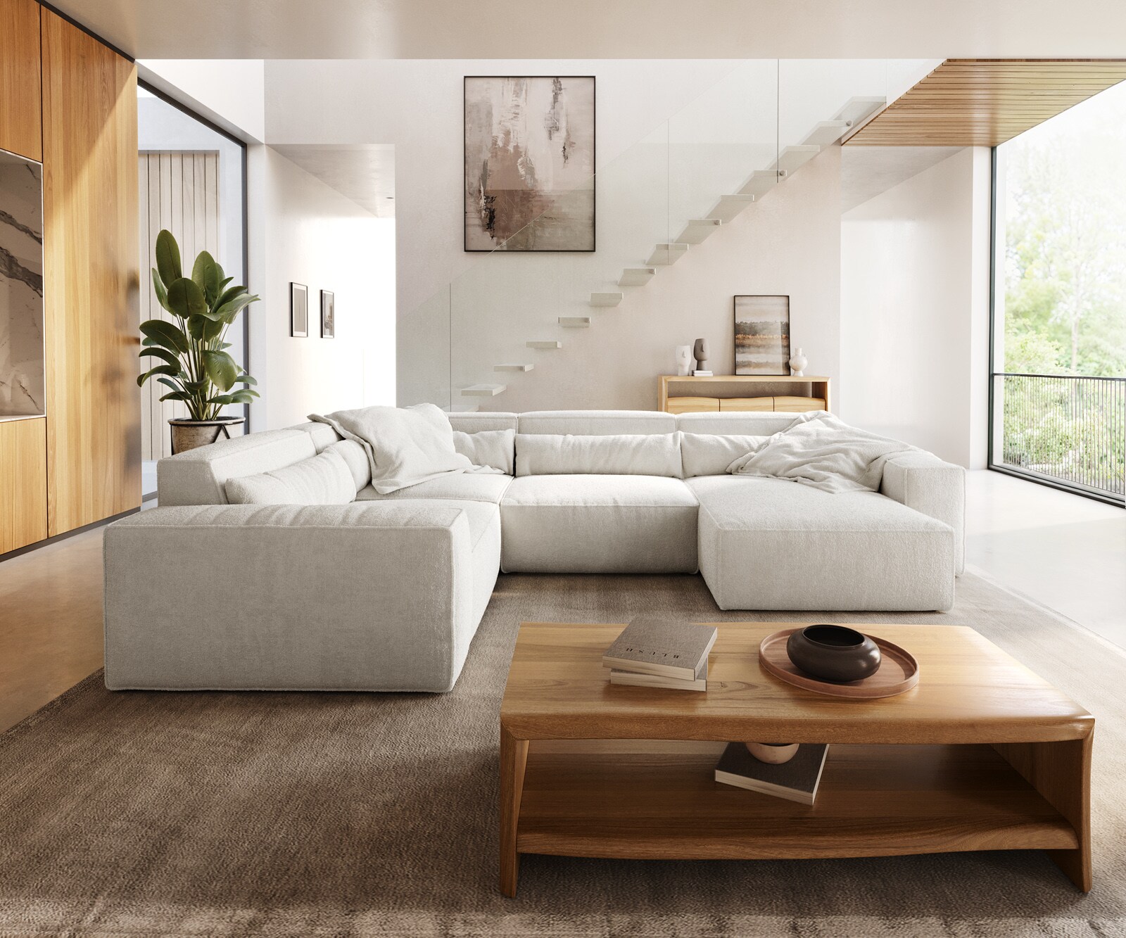 Canapé panoramique Sirpio L 330x230 cm Bouclee Crème-blanc Recamiere variable 1