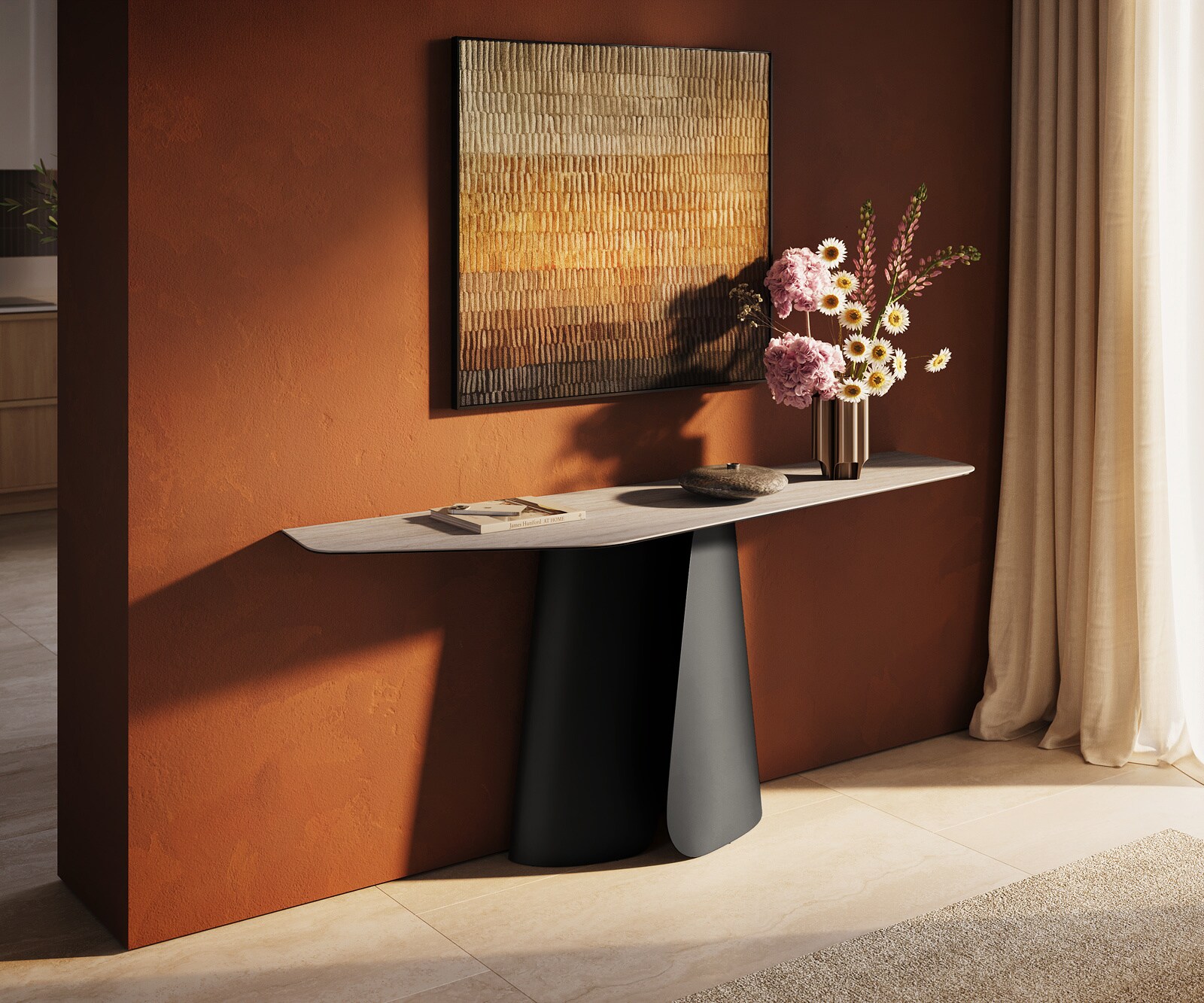 Console Edge Polygonal 180x50 cm Céramique Laminam® Travertino Bianco Creme-Weiß Livos Métal Noir