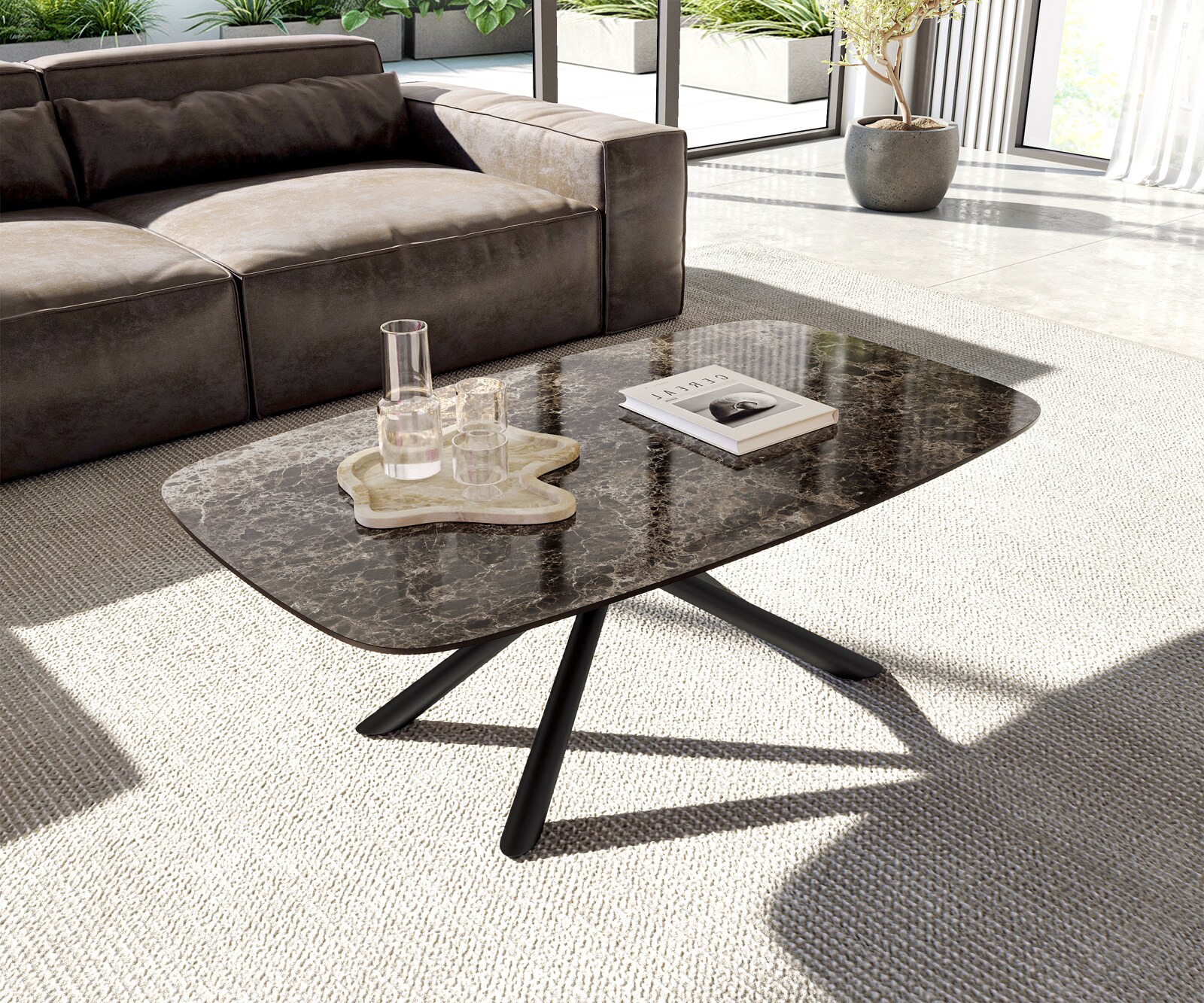 Couchtisch Edge Boot 120x70 cm Keramik Laminam® Emperador Extra Lucidato Dunkelbraun Sarity Metall Schwarz