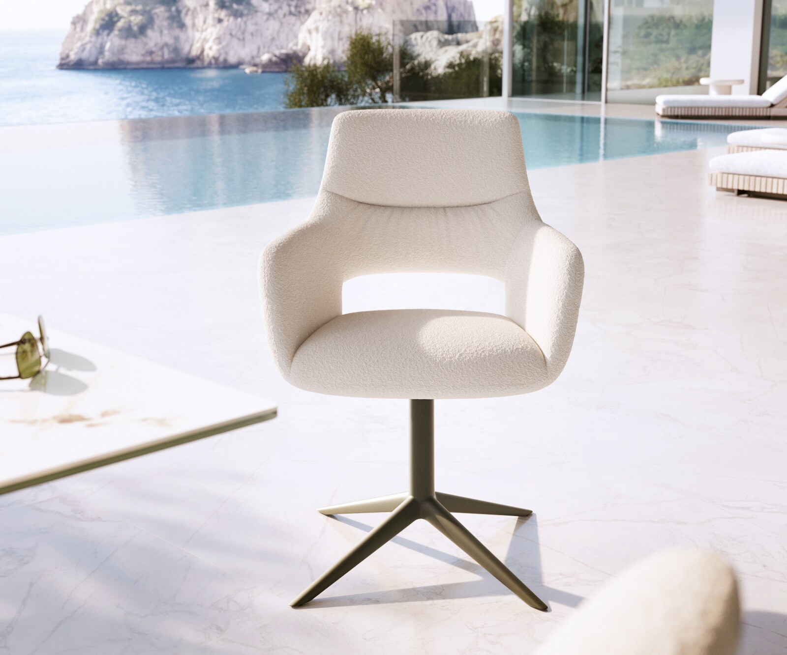 Chaise-d'extérieur Yago-Flex avec accoudoirs bouclé blanc pied de chaise 4 branches aspect titane pivotement sur 360° fonction bascule 1