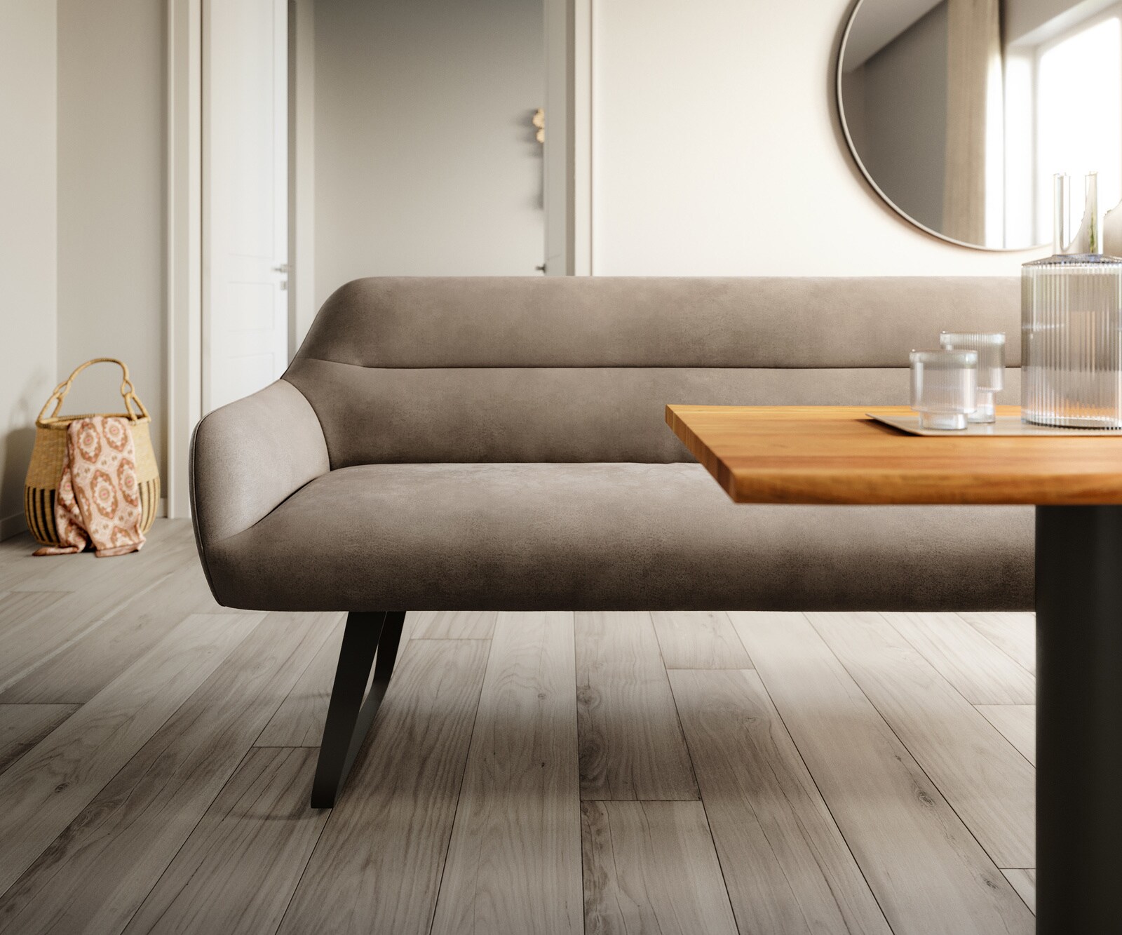 Banc-de-salle-à-manger Taya-Flex 200 cm microfibre taupe vintage châssis à patins plat noir ressort ensaché 1