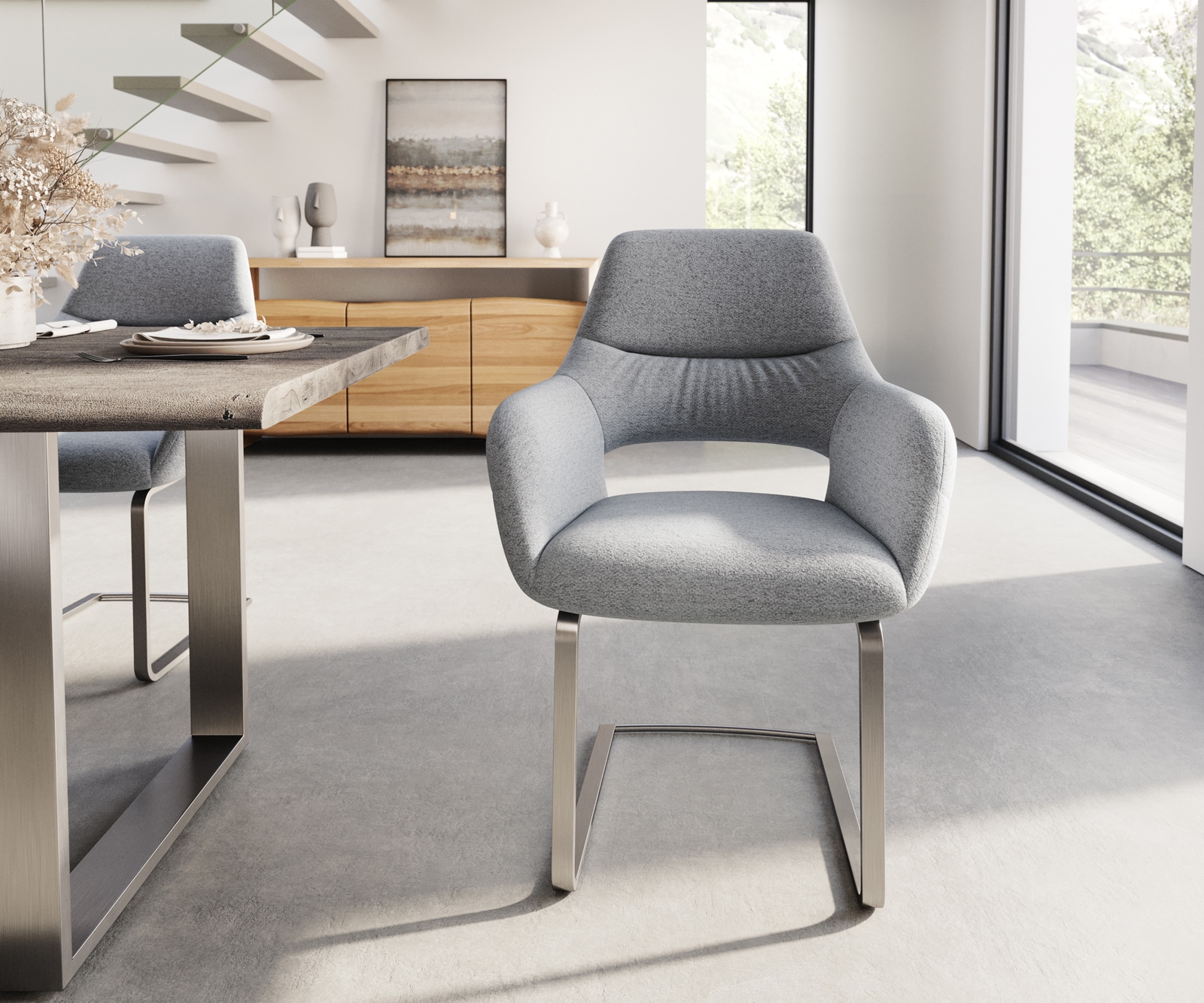 Freischwinger Yago-Flex mit Armlehnen Strukturstoff Hellgrau Freischwinger flach Edelstahl Taschenfederkern 1 Freischwinger Yago-Flex mit Armlehnen Strukturstoff Hellgrau Freischwinger flach Edelstahl Taschenfederkern 1