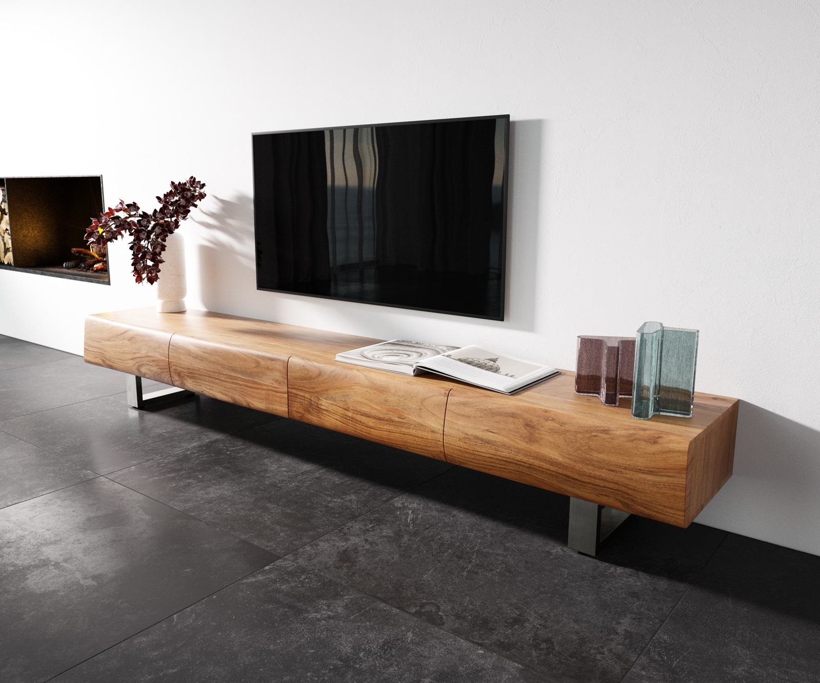 Meuble-TV New Live-Edge 240 cm acacia naturel 4 tiroirs patin inoxydable brossé Meuble-TV New Live-Edge 240 cm acacia naturel 4 tiroirs patin inoxydable brossé