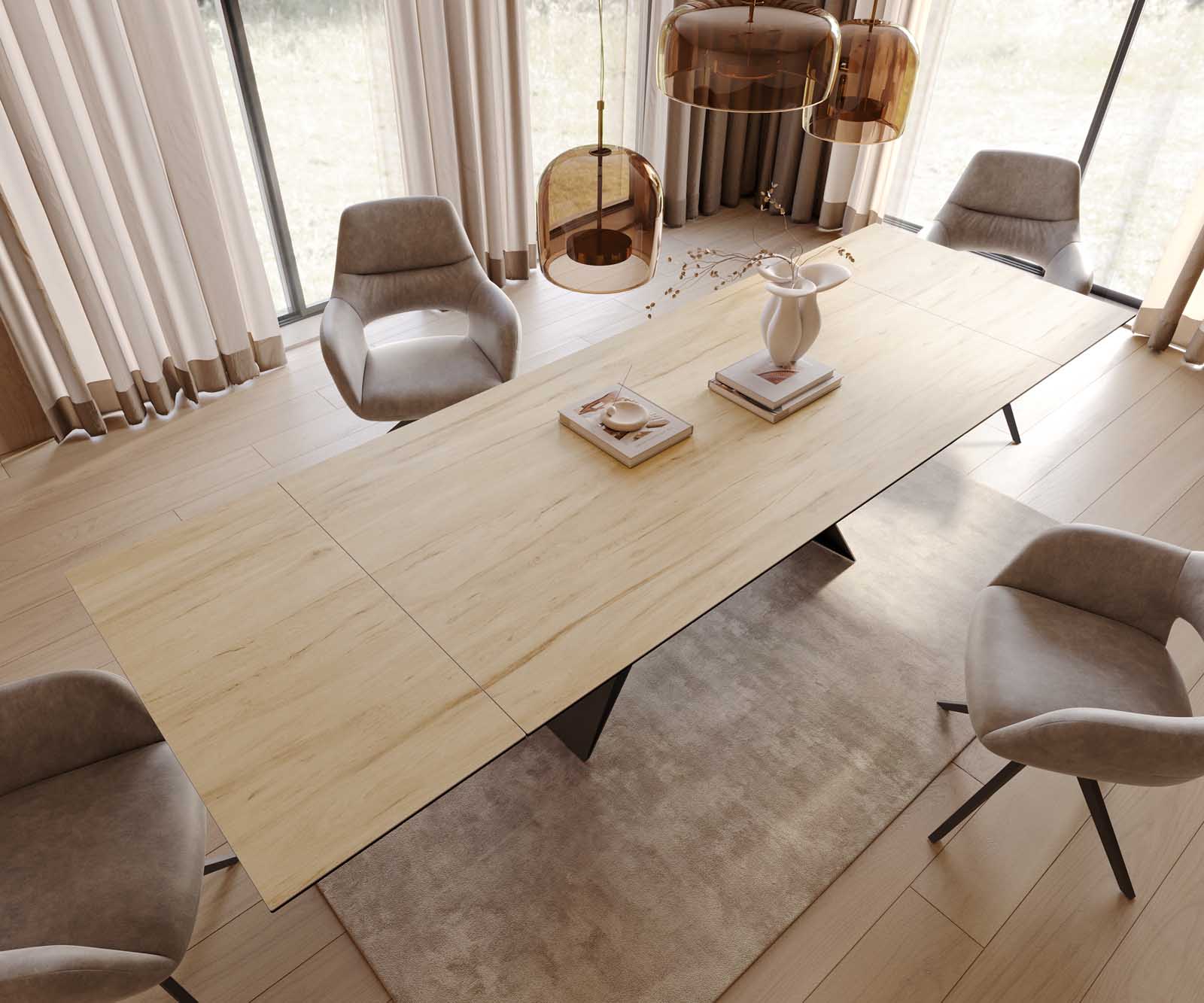 Table à manger Edge 200-300x100 céramique Laminam® Sabbia couleur chêne cadre en V acier plat noir extensible 4