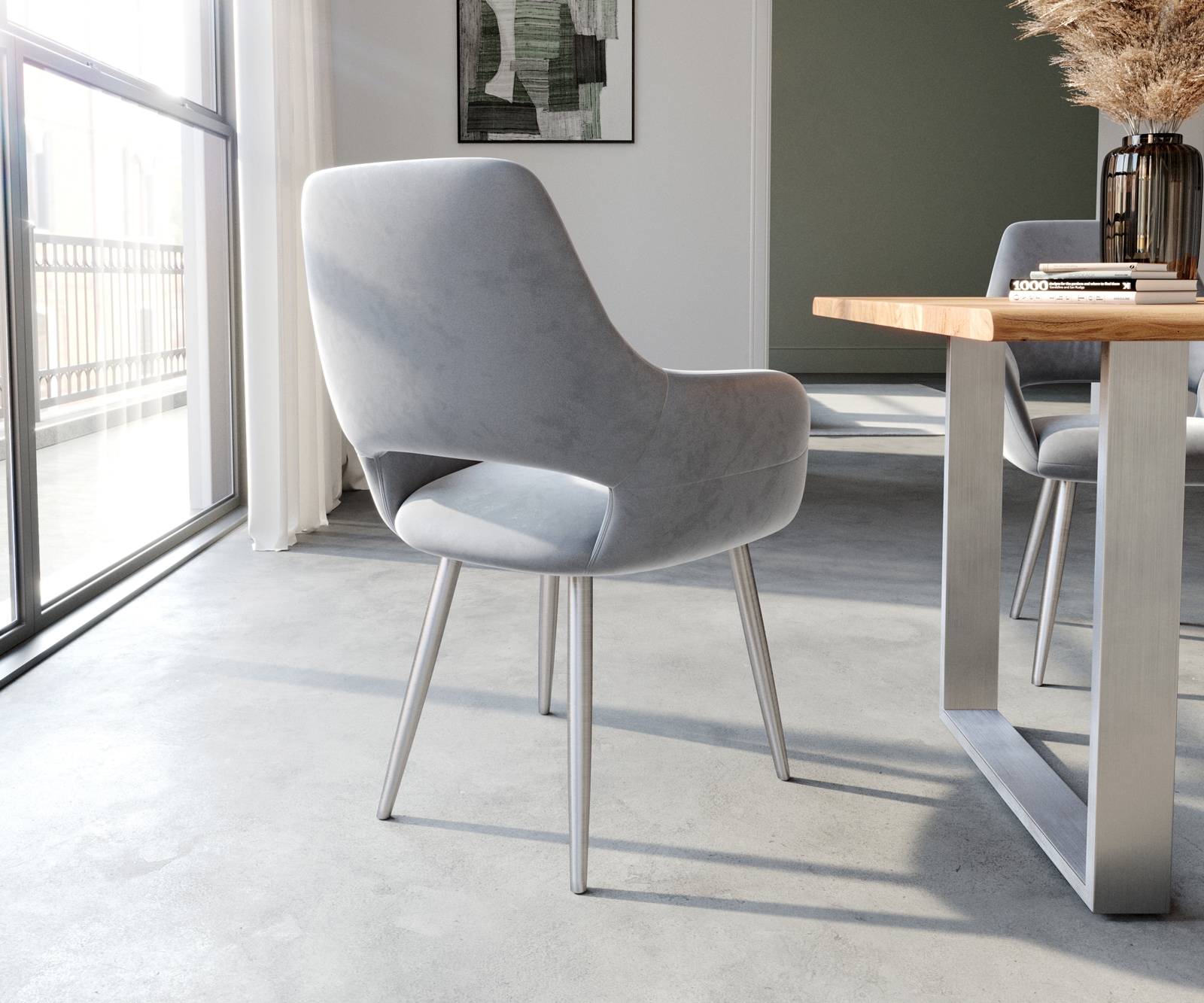 Esszimmerstuhl Yago-Flex mit Armlehnen Samt Grau 4-Fuß konisch Edelstahl Taschenfederkern 4 Esszimmerstuhl Yago-Flex mit Armlehnen Samt Grau 4-Fuß konisch Edelstahl Taschenfederkern 4