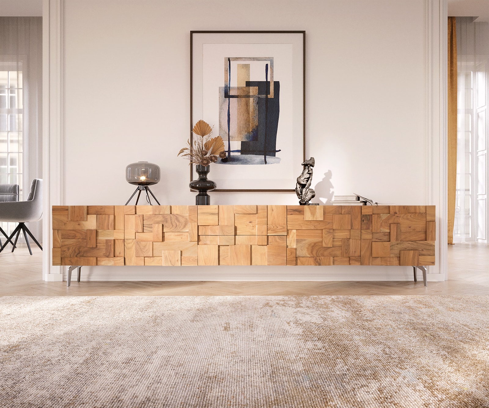 Lowboard Puzzle 260 cm Akazie Natur Winkelfuß Edelstahl 1 Lowboard Puzzle 260 cm Akazie Natur Winkelfuß Edelstahl 1