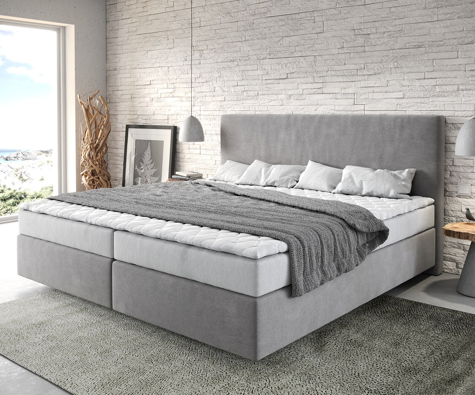 Lit-à-sommier-tapissier Dream-Well Microfibre Gris 200x200 cm Matelas Bonell Surmatelas PU