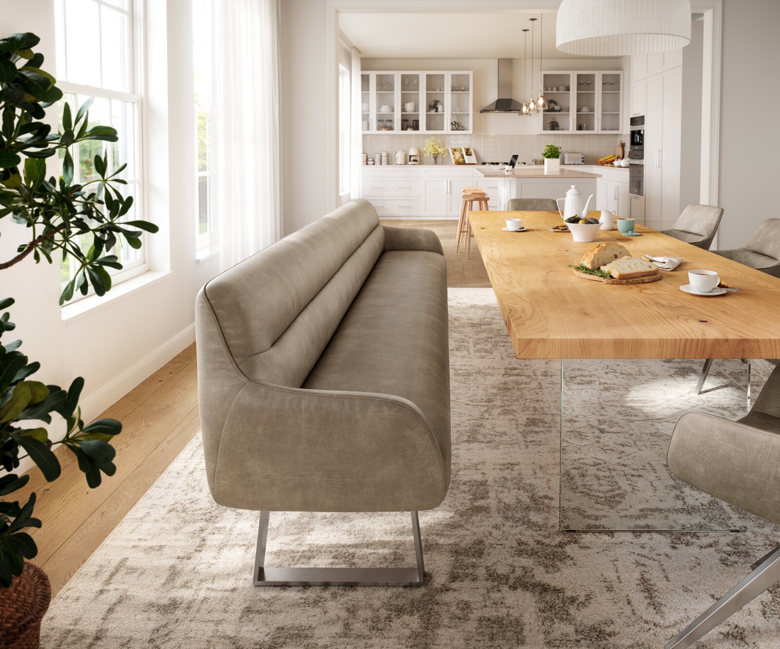 Banc-de-salle-à-manger Taya-Flex 300 cm microfibre beige vintage piètement à patins angulaire acier inoxydable ressort ensaché 1