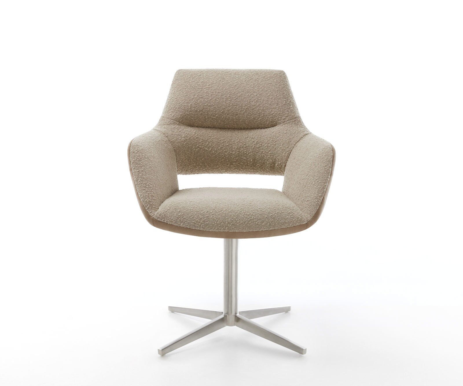Chaise-pivotante Yago-Flex avec accoudoirs tissu mixte couleur boue pied de chaise 4 branches acier inoxydable brossé pivotement sur 360° ressorts ensachés 1