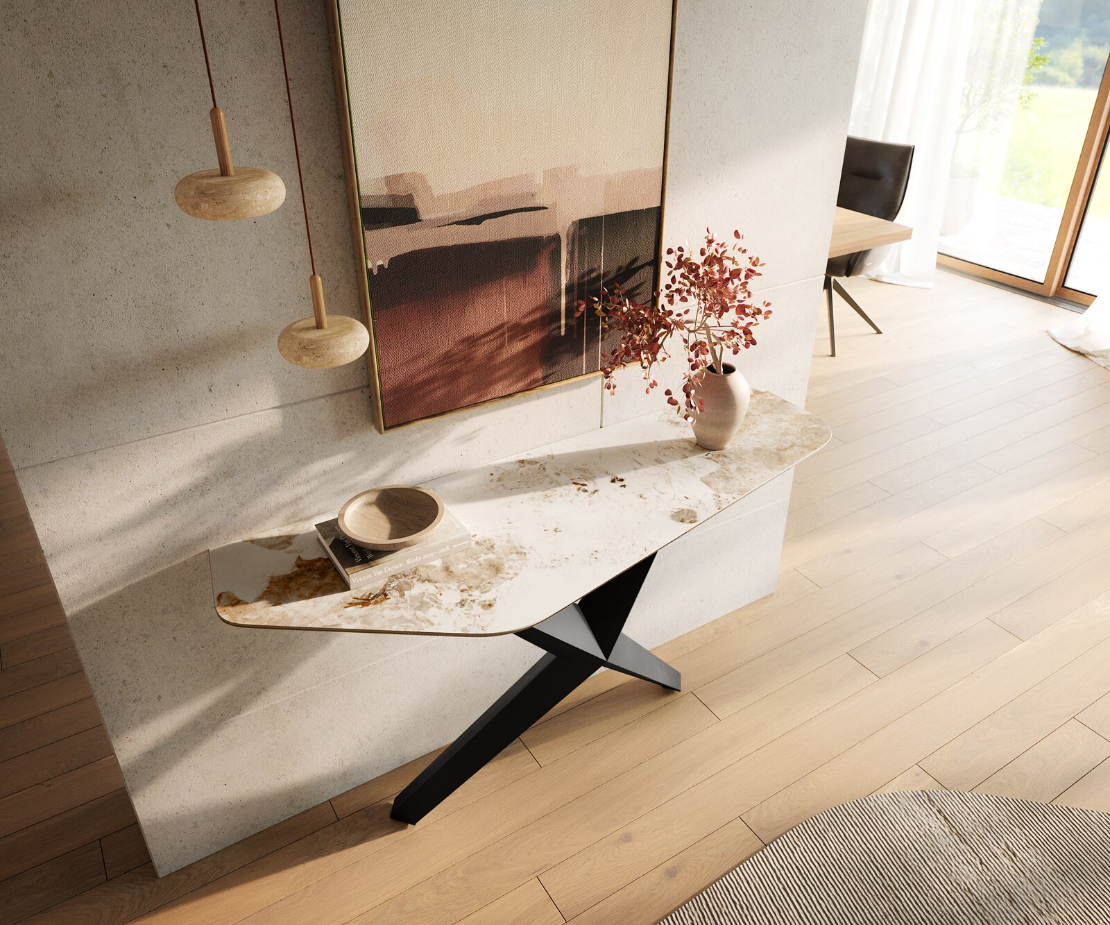 Console Edge Polygonal 140x50 cm Céramique Minas Melange Weiß-Beige Zentharo Métal Noir 2