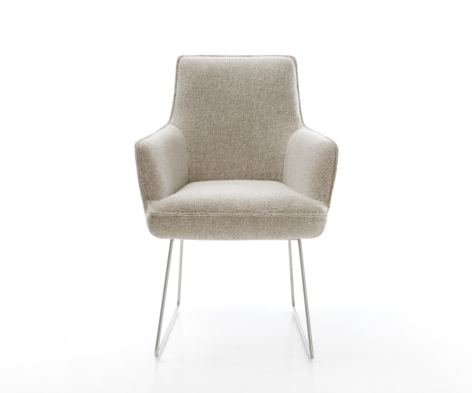 Esszimmerstuhl Heira-Flex mit Armlehnen Webstoff Soft Beige Kufengestell Edelstahl Taschenfederkern 1