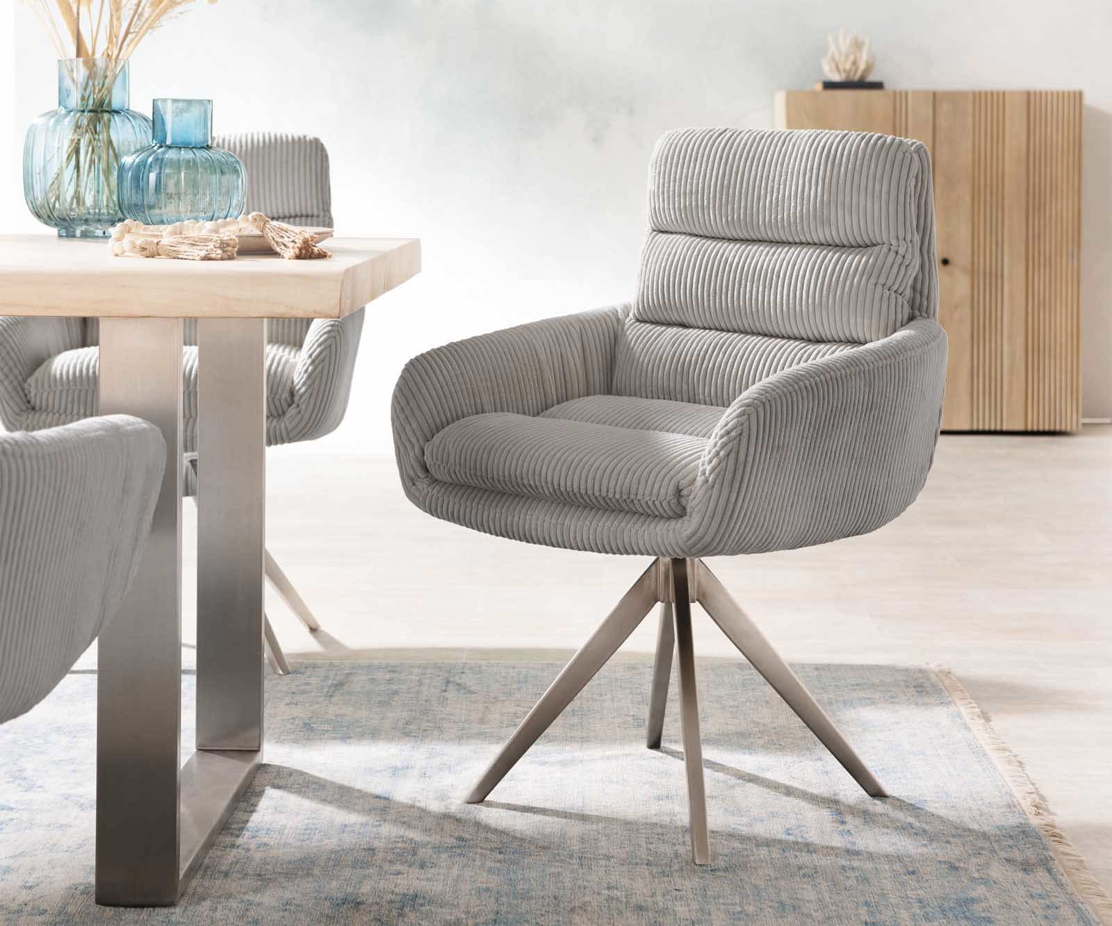 Esszimmerstuhl Abelia-Flex mit Armlehnen Cord Silbergrau Kreuzgestell kantig Edelstahl Esszimmerstuhl Abelia-Flex mit Armlehnen Cord Silbergrau Kreuzgestell kantig Edelstahl