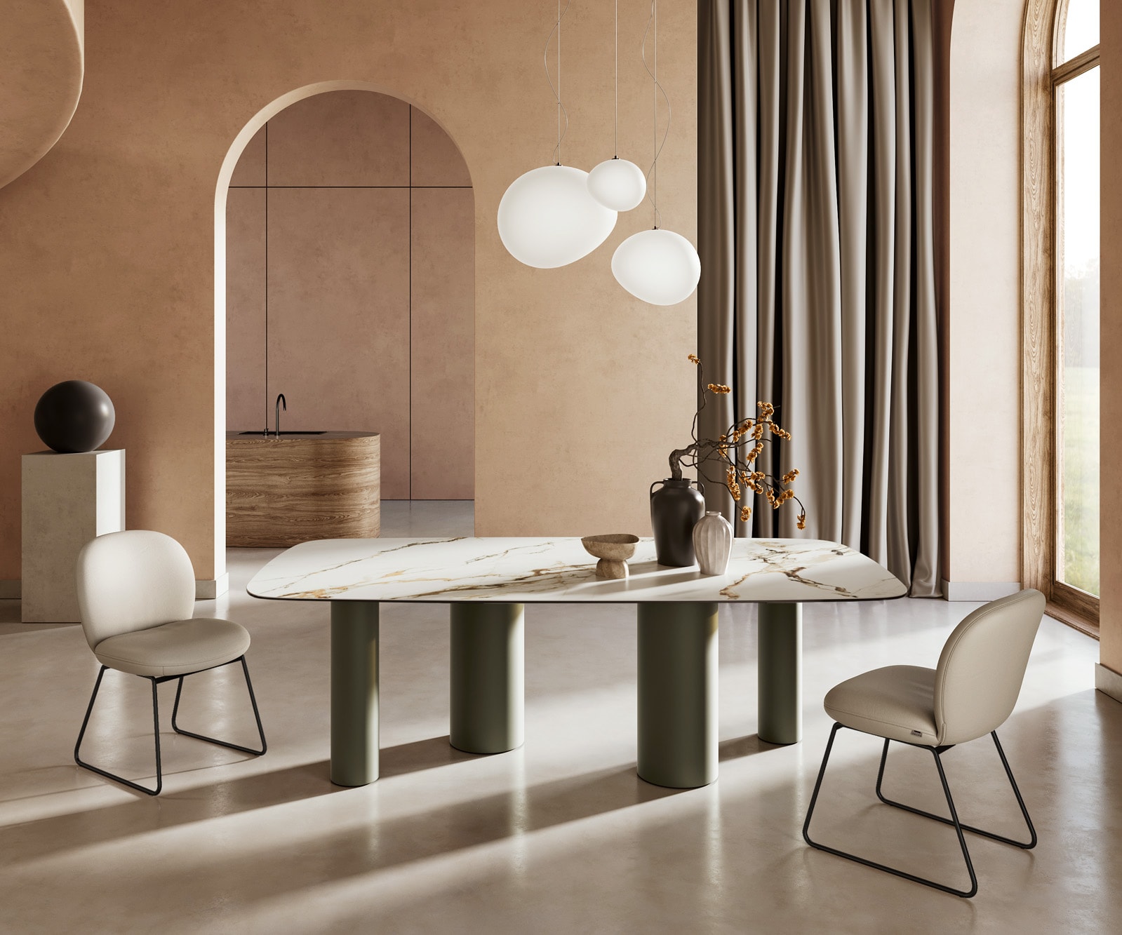 Esstisch Edge Boot 240x120cm Keramik Calacatta Luxe Weiß-Gold-Grau Pilier Metall Effektfinish Titan Esstisch Edge Boot 240x120cm Keramik Calacatta Luxe Weiß-Gold-Grau Pilier Metall Effektfinish Titan