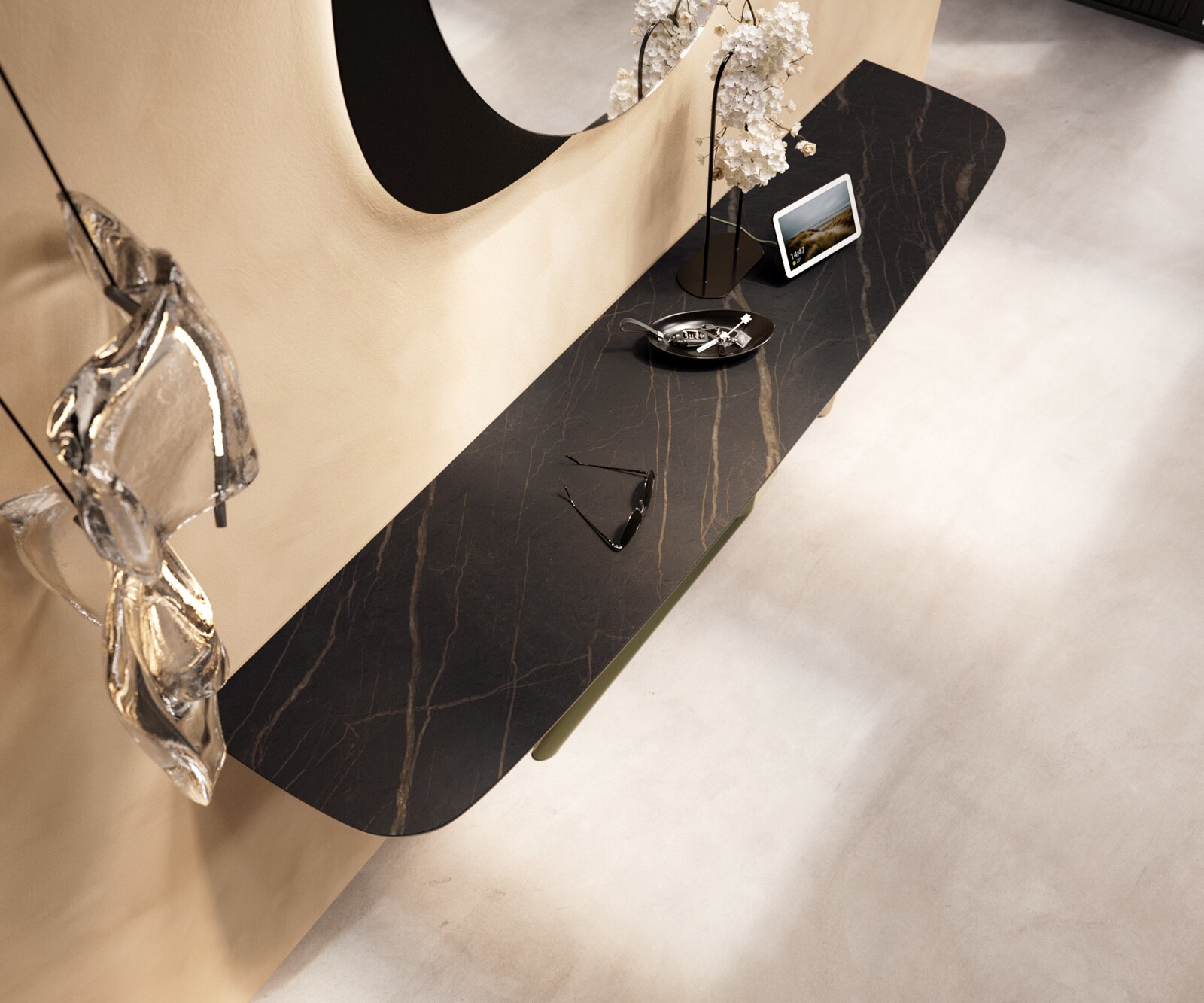 Konsolentisch Edge Boot 180x40 cm Keramik Laminam® Noir Desir Braun Estelo Metall Effektfinish Titan 1