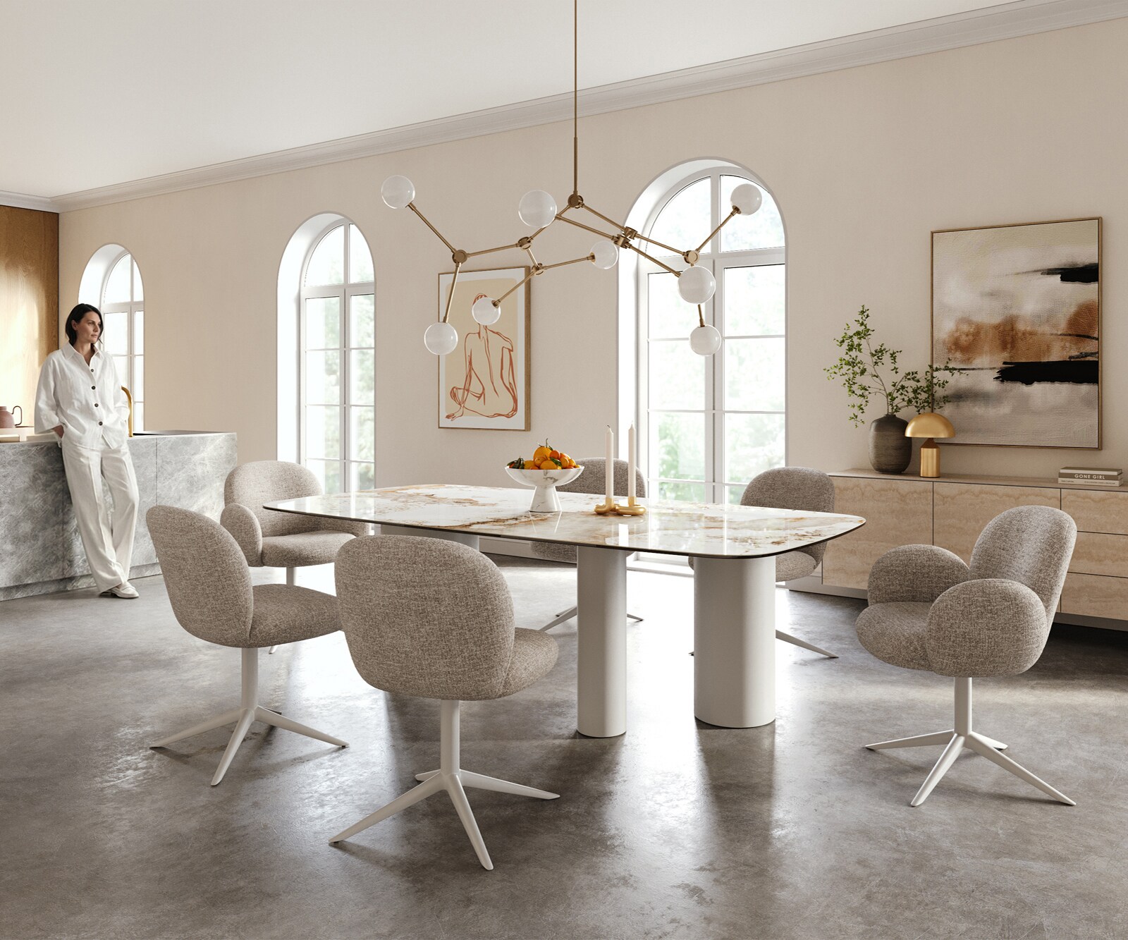 Table à manger Edge Boot 240x120 cm Céramique Minas Melange Blanc-Beige Troa Métal Blanc 5