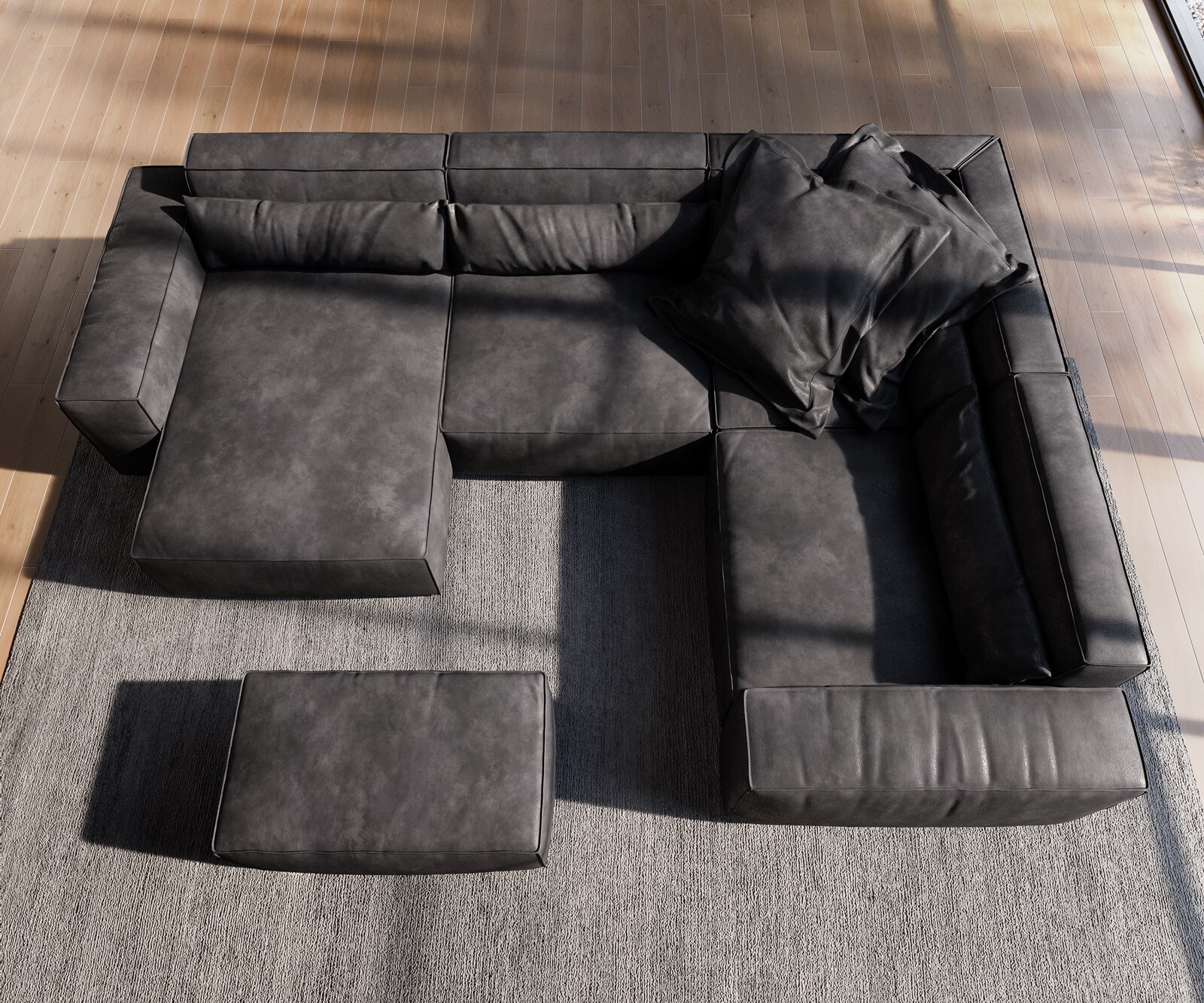 Wohnlandschaft Sirpio 300x200 cm Lederimitat Vintage Anthrazit Recamiere variabel mit Hocker 3