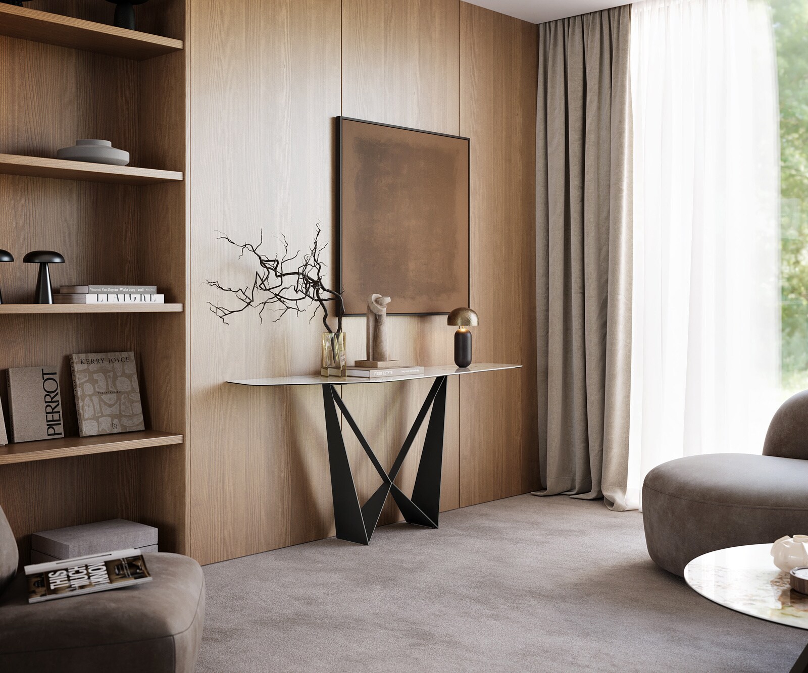 Console Edge Polygonal 180x50 cm Céramique Minas Melange Weiß-Beige Spios Métal Noir 7