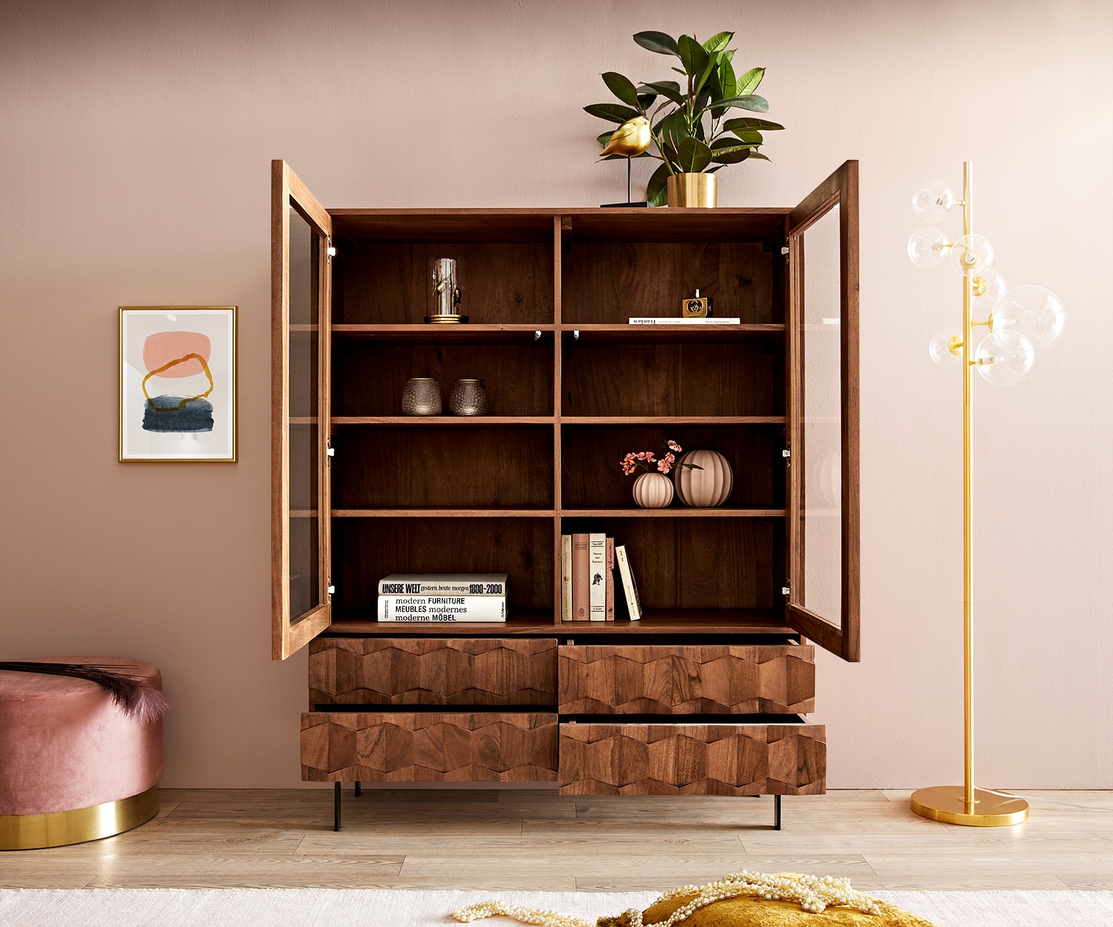 Vitrine Fevo 115x150 cm acacia marron Pied-L 3 Vitrine Fevo 115x150 cm acacia marron Pied-L 3