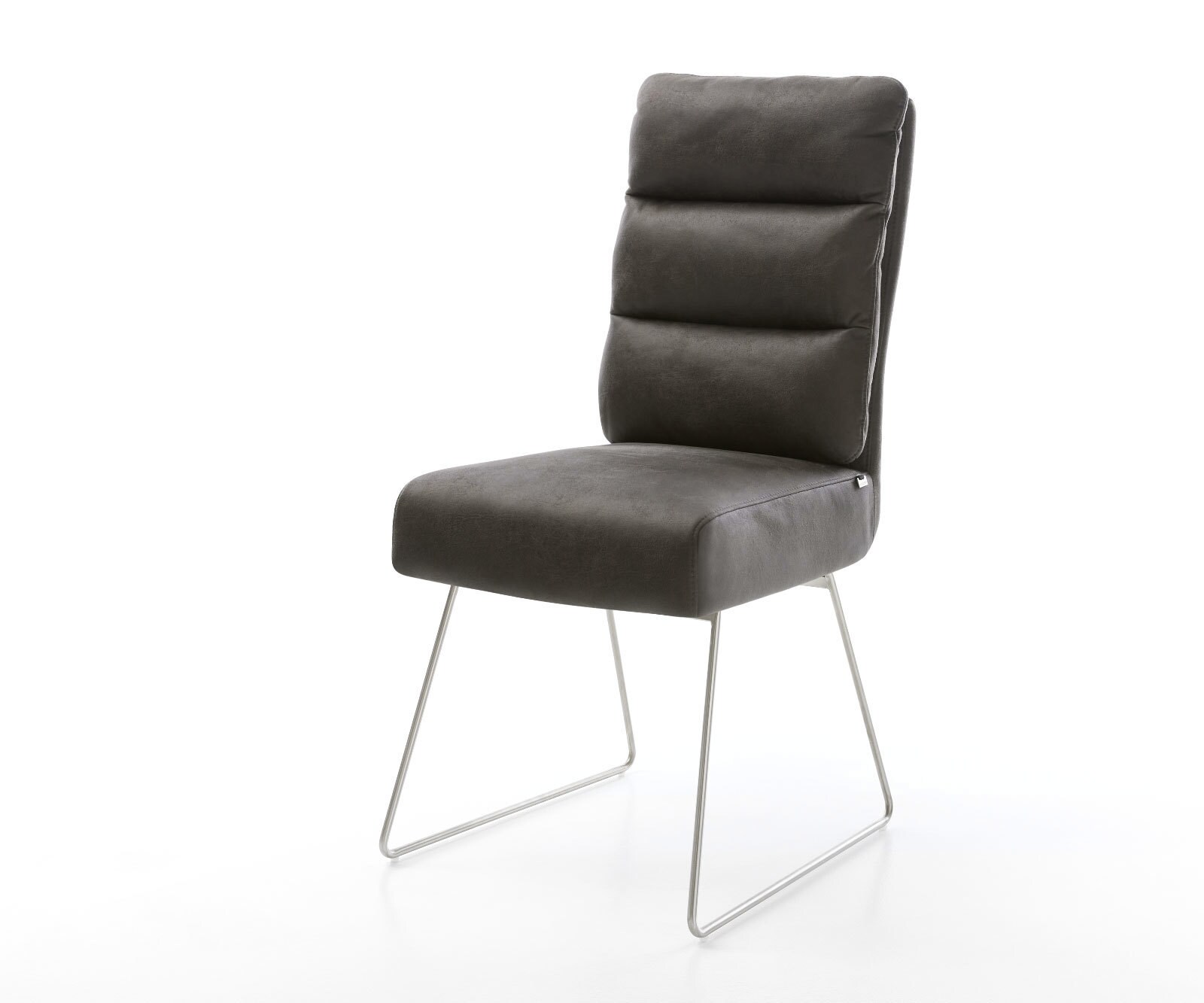 Chaise-de-salle-à-manger Pela-Flex microvelours anthracite vintage pied trapèze acier inoxydable brossé ressorts ensachés
