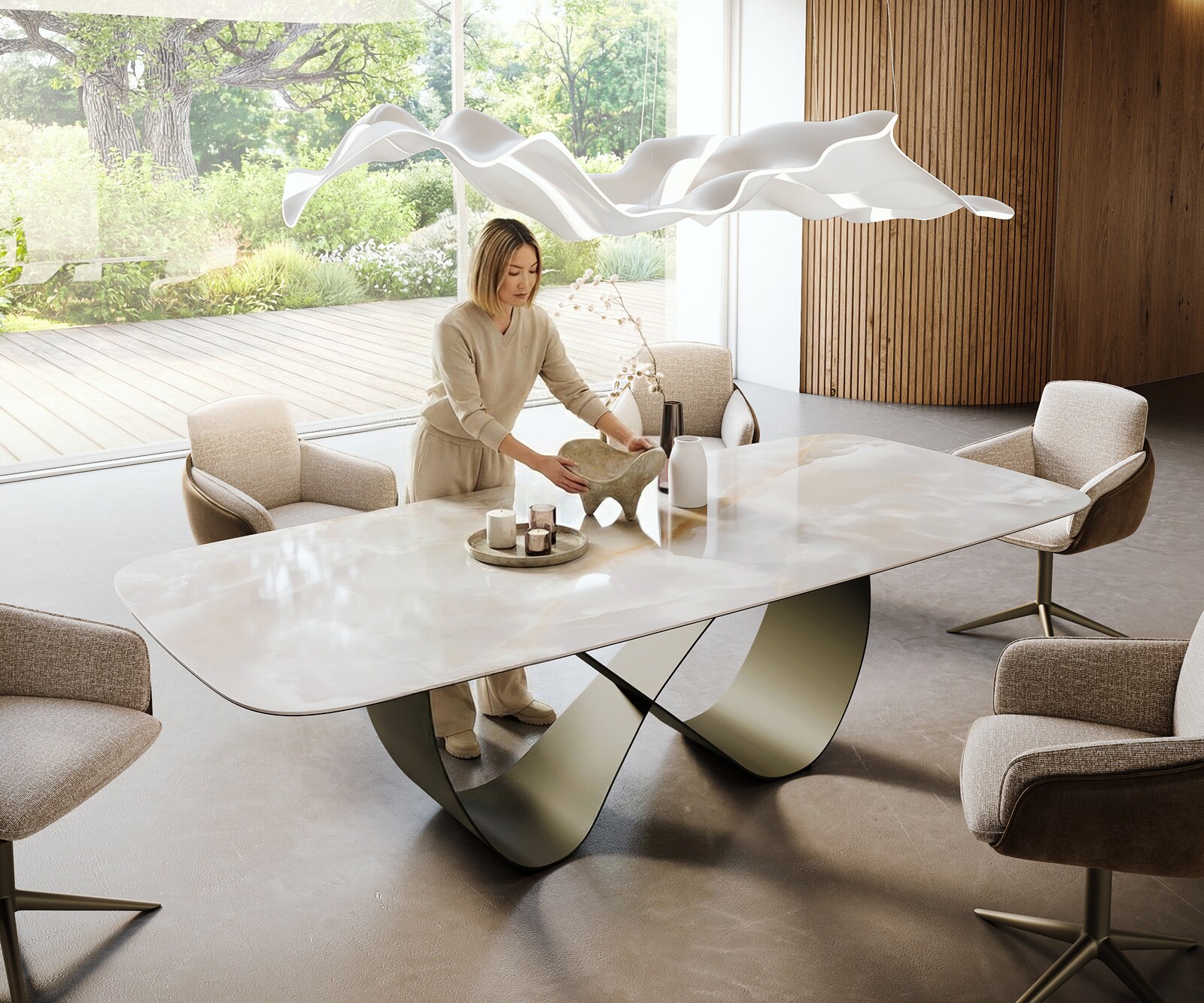 Esstisch Edge Boot 270x120 cm Keramik Iris FMG Onice Grigio Infinity Metall Effektfinish Titan