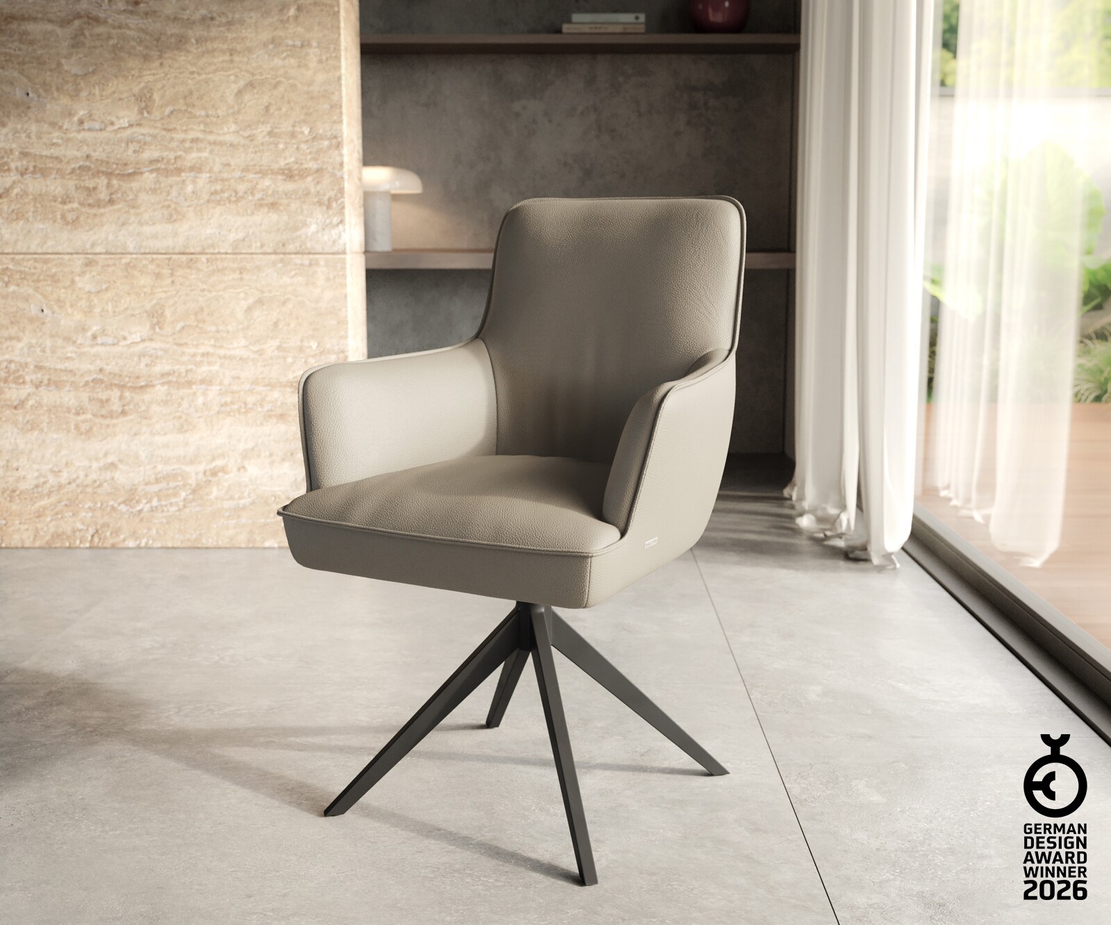 Chaise-pivotante Heira-Flex avec accoudoirs cuir de vache couleur boue pied croisé large noir pivotement sur 360° ressorts ensachés