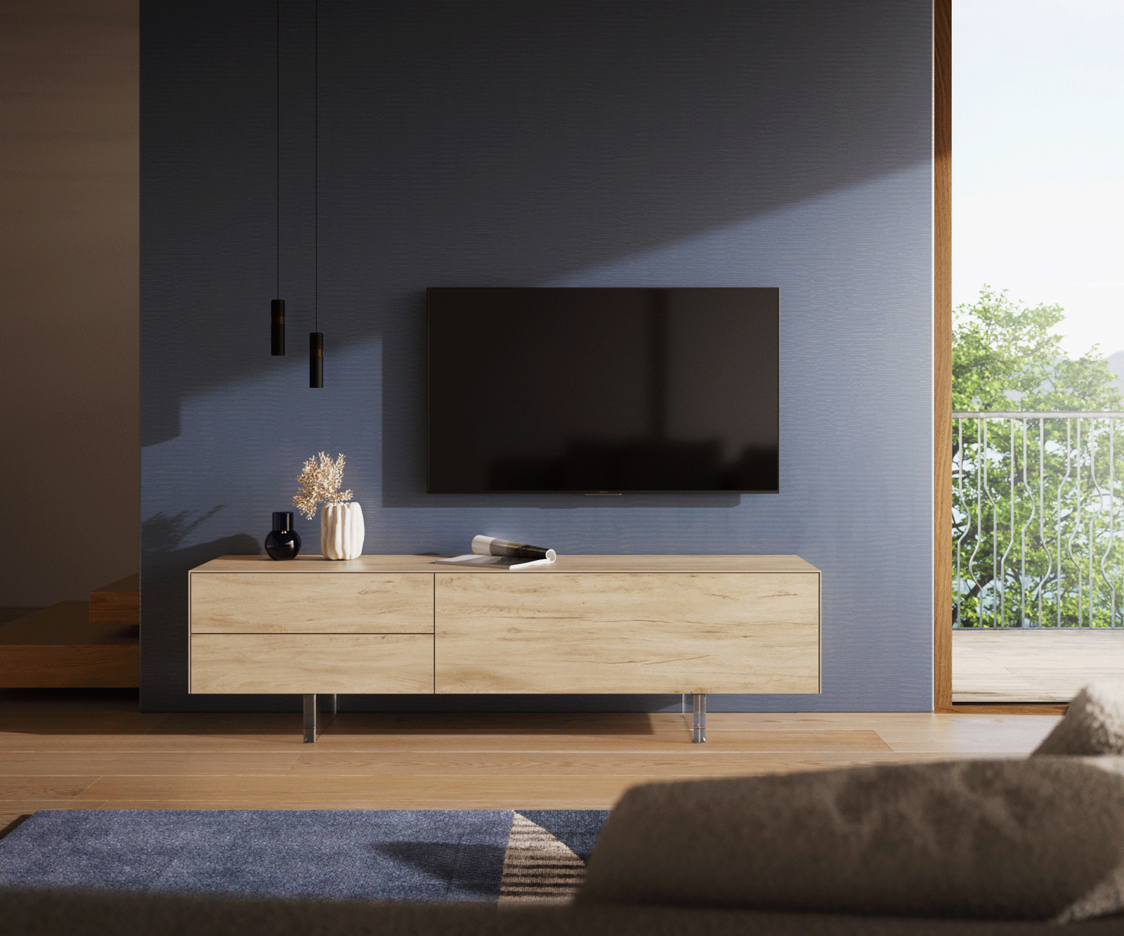 Meuble-TV Cuor 180 cm Céramique Laminam® Sabbia Teinte chêne 1 Clapet 2 Tiroirs Pied optique flottant Verre acrylique 2