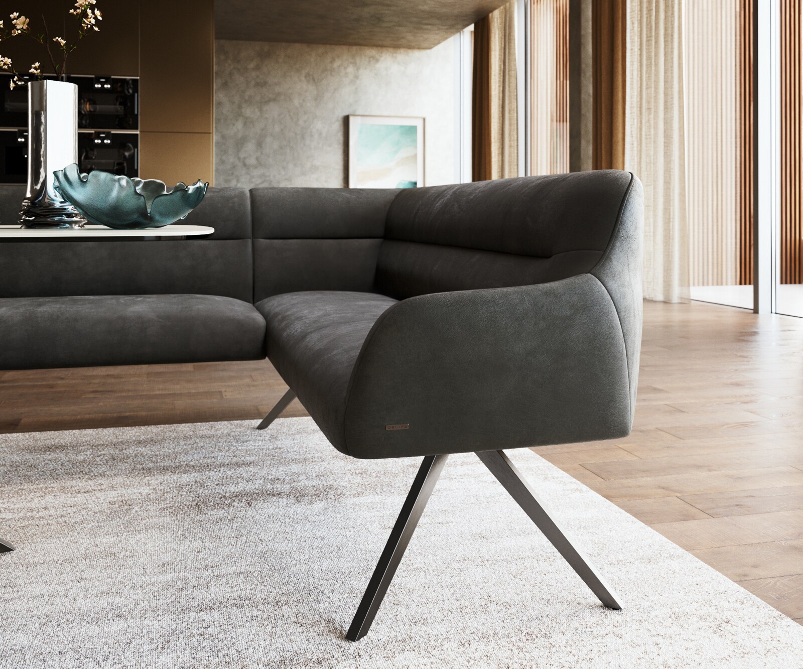 Esszimmerbank Taya-Flex 285x190 cm Mikrofaser Anthrazit Vintage Kreuzgestell kantig Graphit Taschenfederkern Links 4