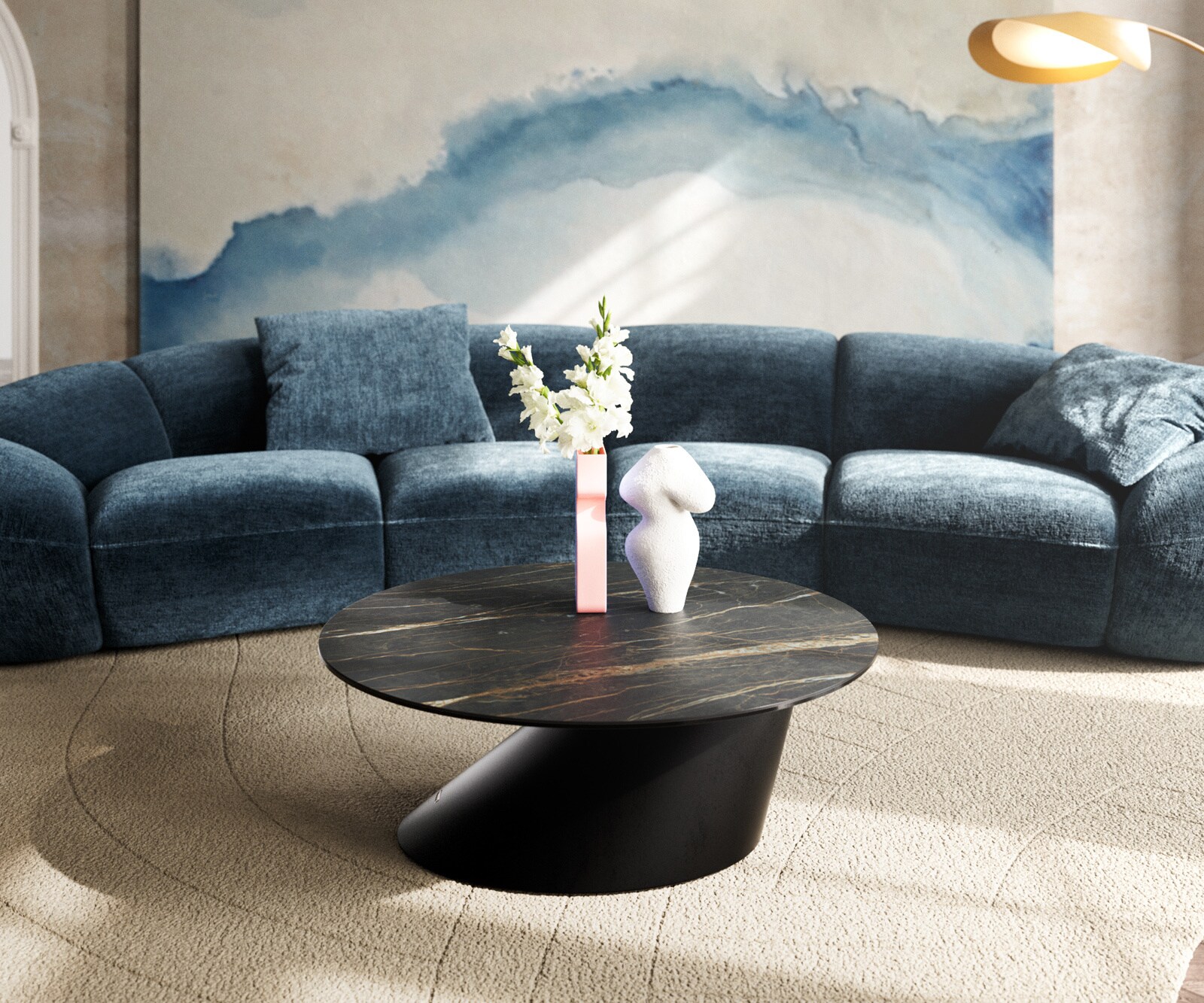 Table basse Edge rond 90x90 cm céramique Laminam® Noir Desir brun Conis métal noir 1