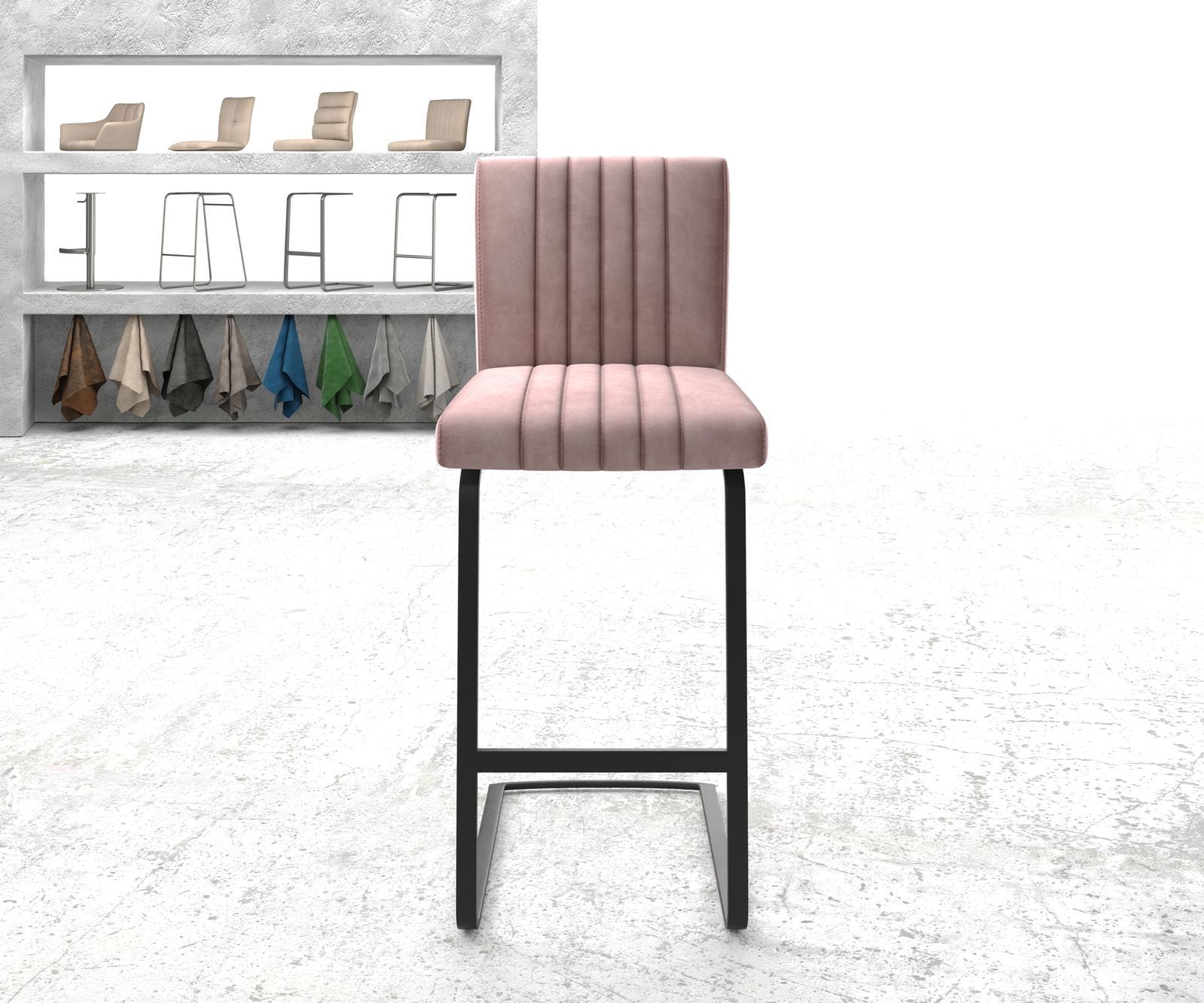 Barstuhl Luiga-Flex Samt Rosé Freischwinger flach Metall 1 Barstuhl Luiga-Flex Samt Rosé Freischwinger flach Metall 1