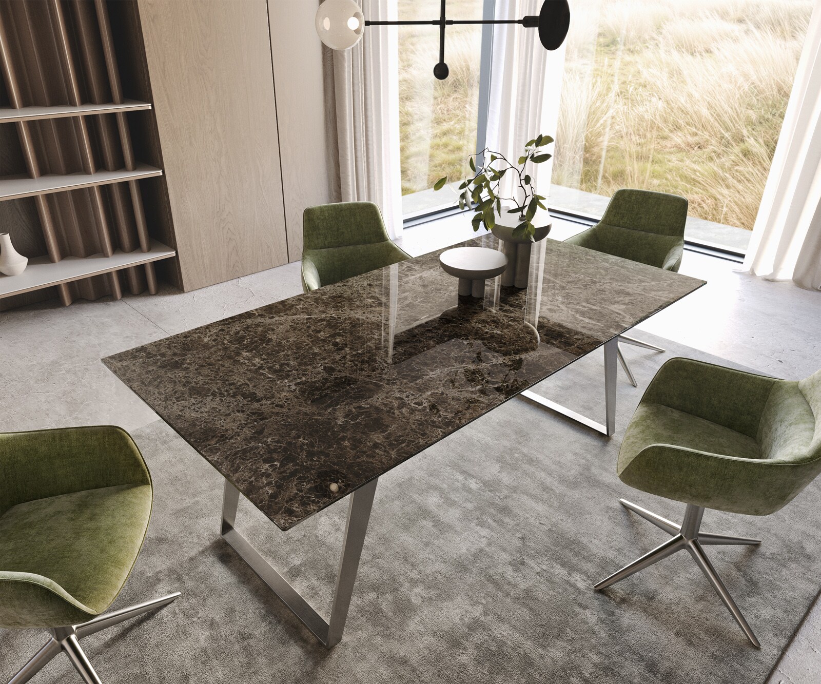 Esstisch Edge 200x100 Keramik Emperador Extra Lucidato Dunkelbraun Edelstahl Schräg 1