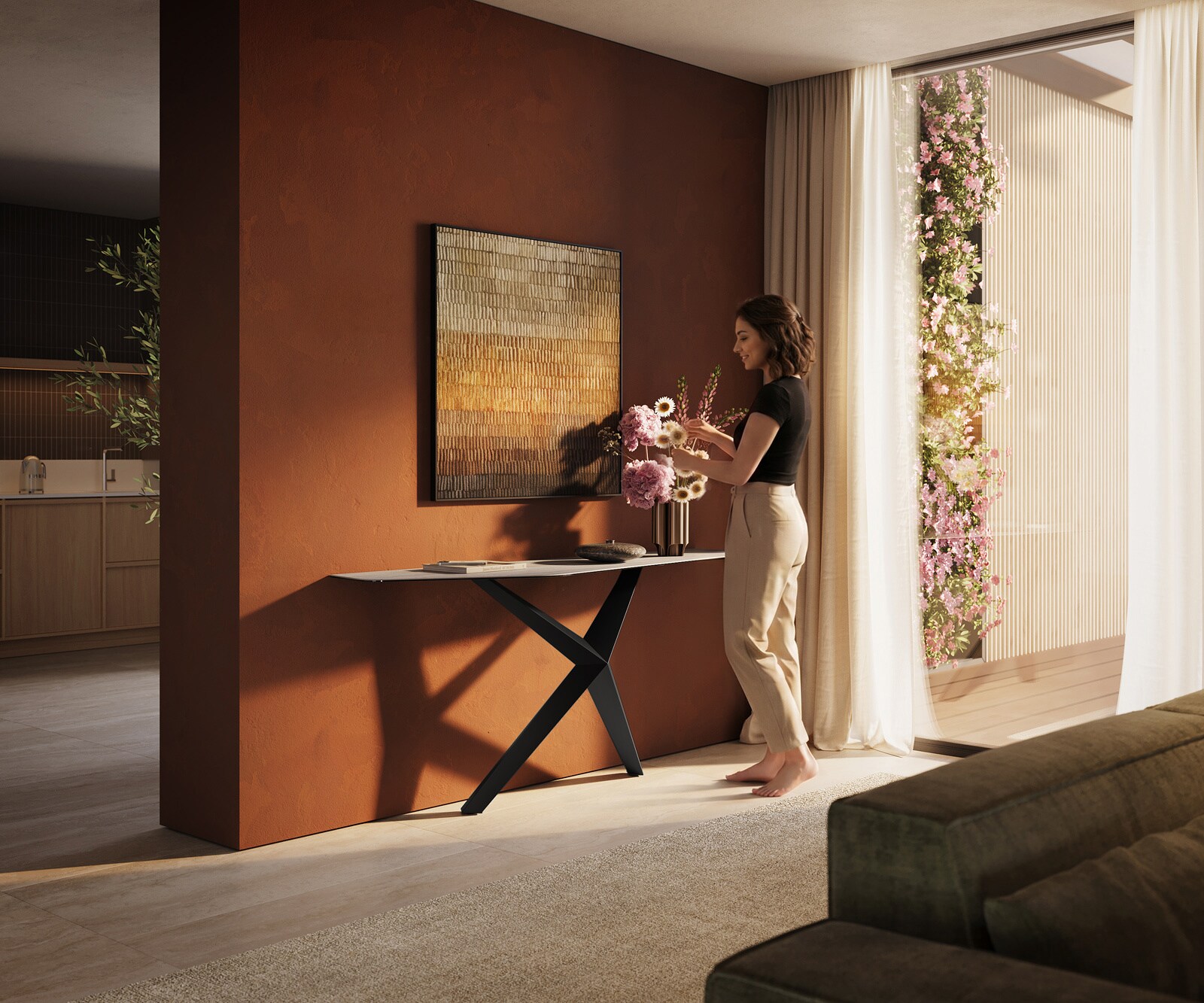 Console Edge Polygonal 180x50 cm Céramique Laminam® Travertino Bianco Creme-Weiß Zentharo Métal Noir 6