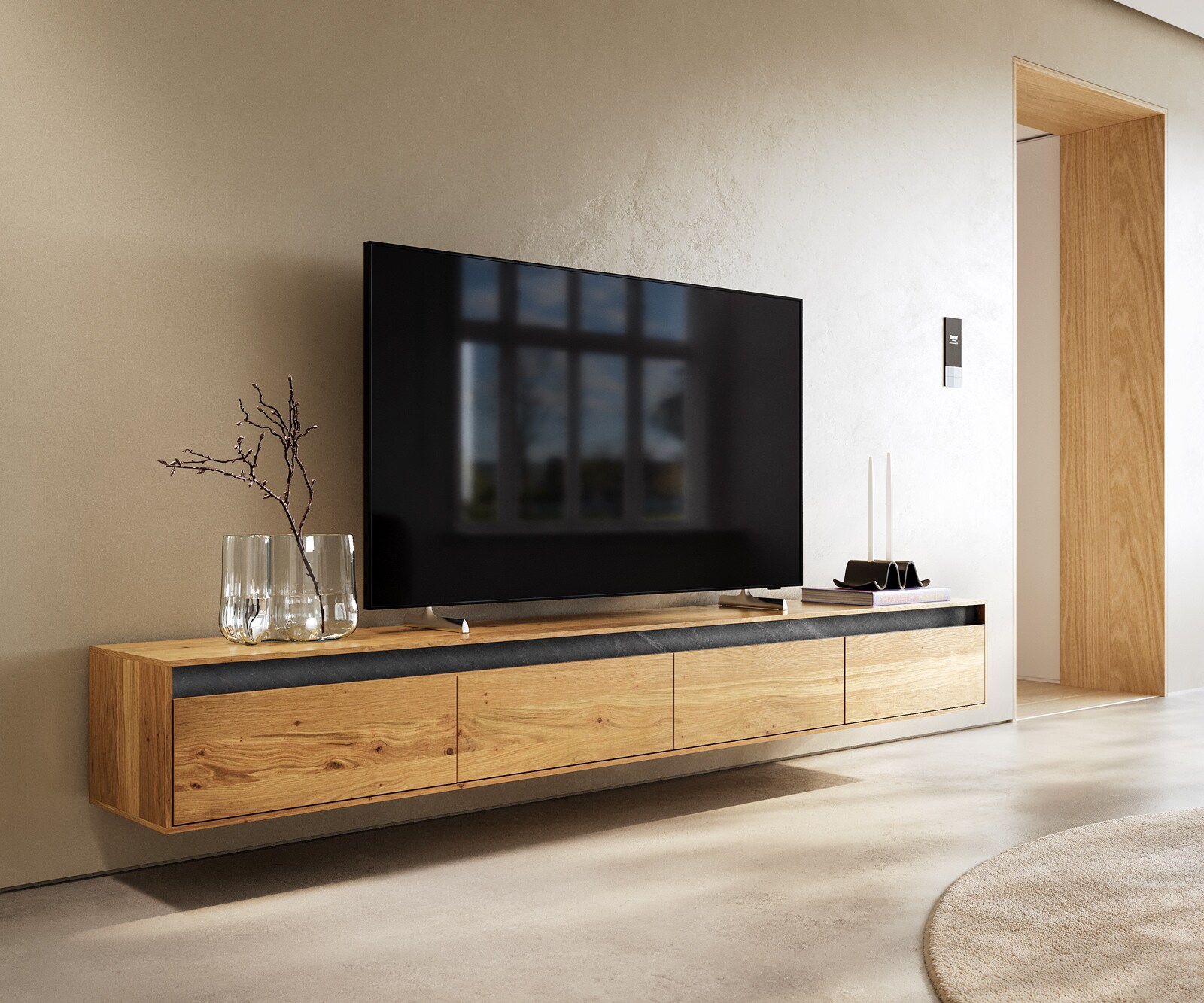 Meuble-TV Stonegrace 240 cm chêne naturel 4 portes suspendues