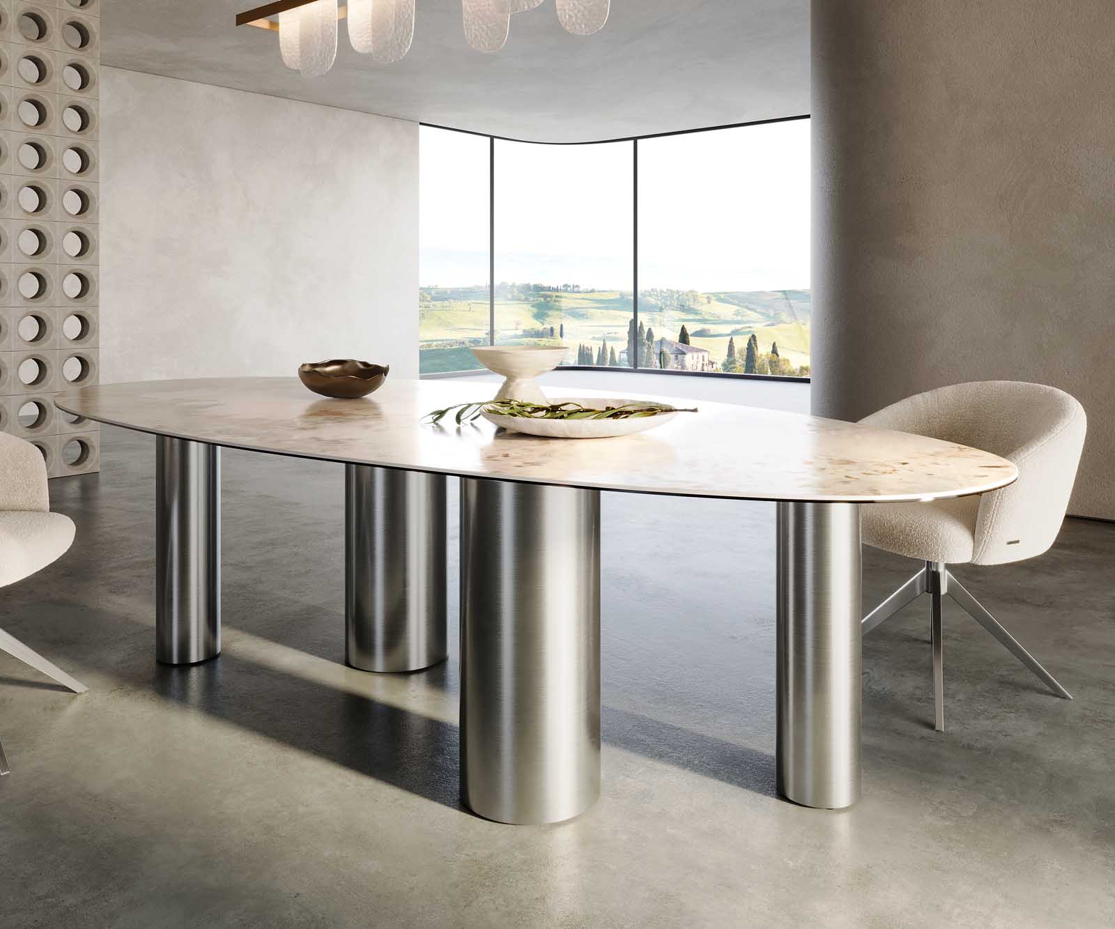 Esstisch Edge Oval 280x130 Keramik Minas Melange Weiß-Beige Pilier Edelstahl 5 Esstisch Edge Oval 280x130 Keramik Minas Melange Weiß-Beige Pilier Edelstahl 5
