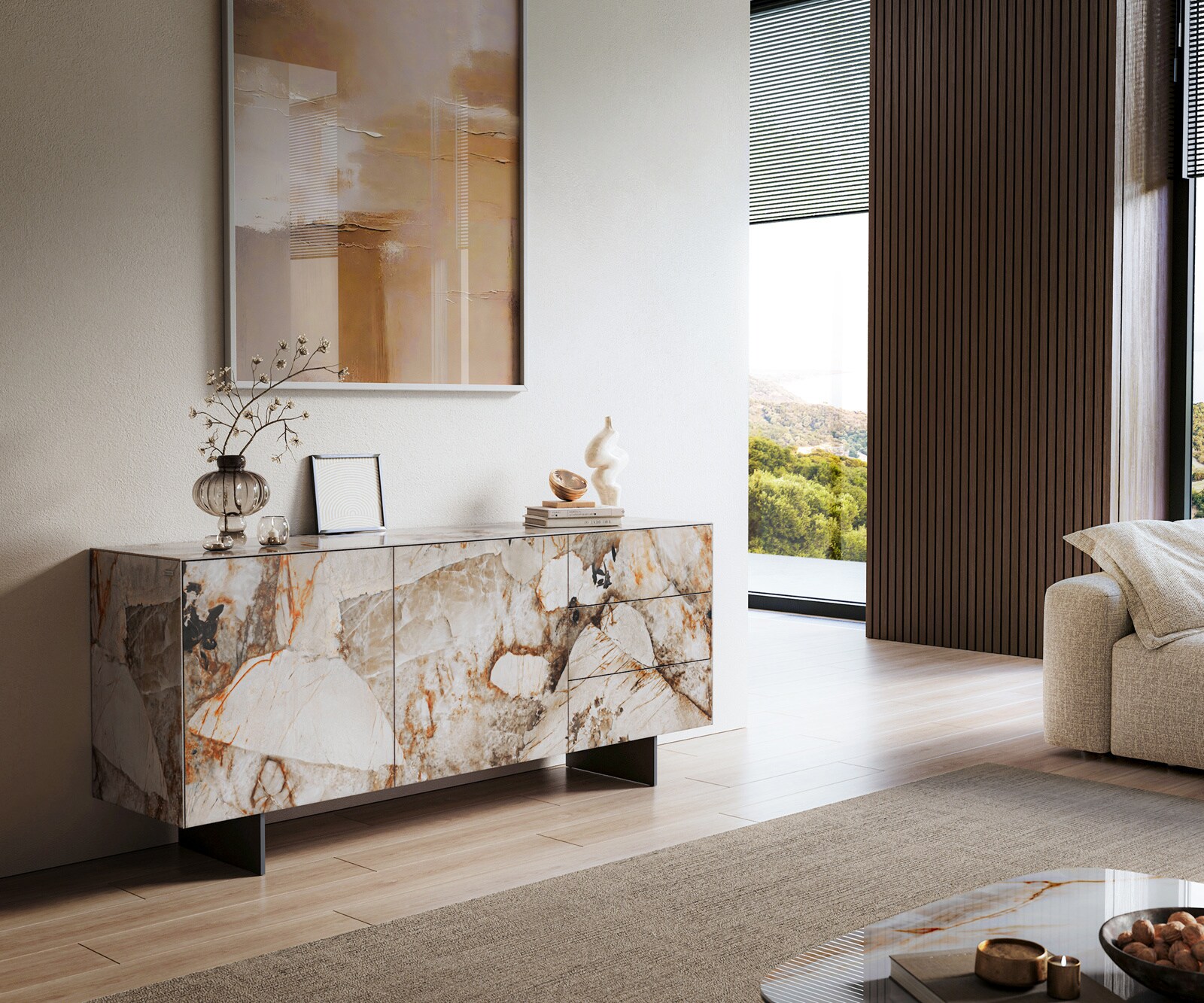Sideboard Cuor 180 cm Keramik Patagonia Poliert 2 Türen 3 Schubfächer Fuß Schwebeoptik Metall Schwarz 1