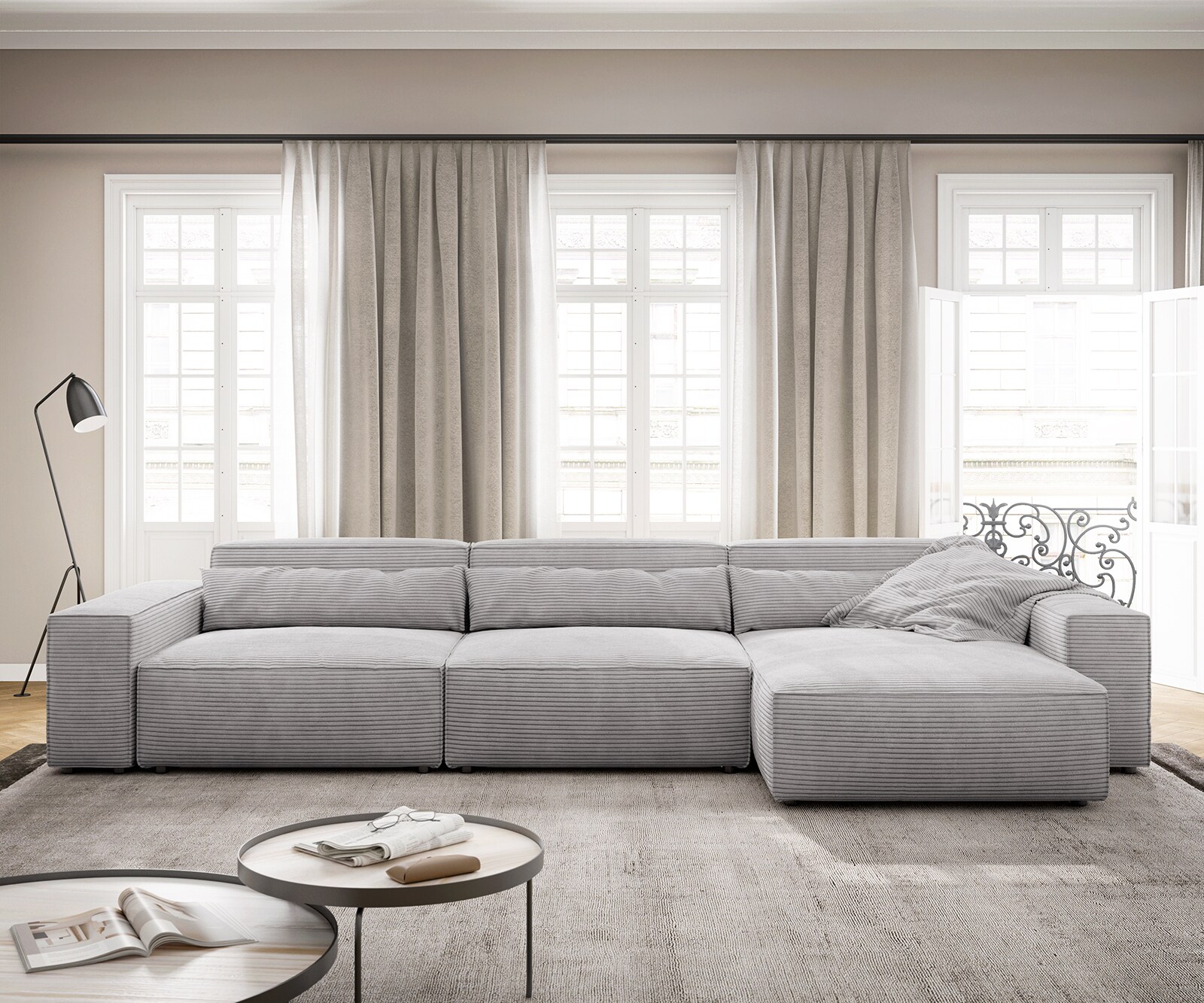 Ecksofa Sirpio XL 370x170 cm Cord Silbergrau Recamiere variabel 1 Ecksofa Sirpio XL 370x170 cm Cord Silbergrau Recamiere variabel 1