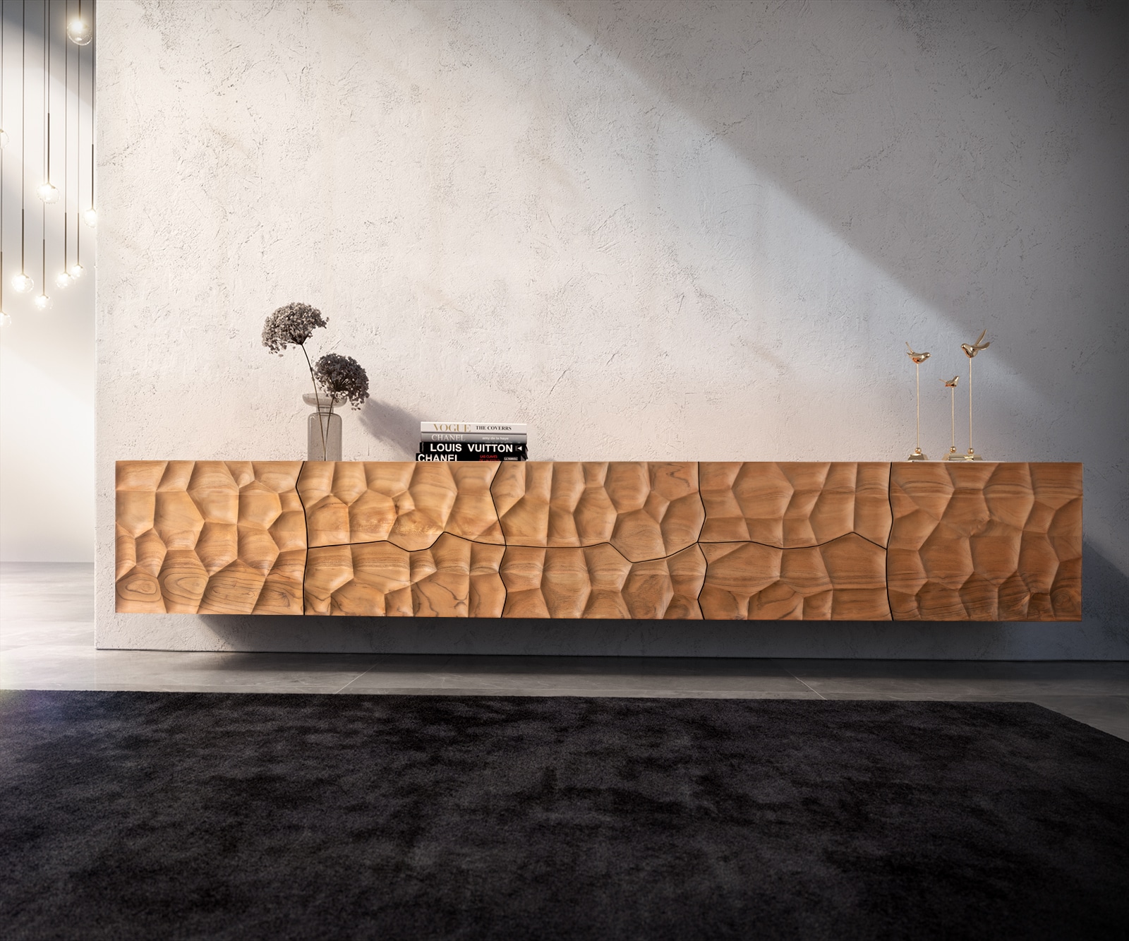 Lowboard Solu 260 cm Akazie Natur 2 Türen 6 Schübe schwebend 3D-Front 1 Lowboard Solu 260 cm Akazie Natur 2 Türen 6 Schübe schwebend 3D-Front 1