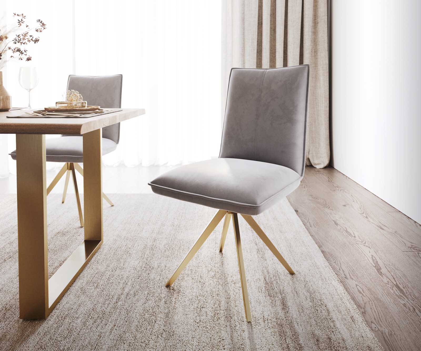 Chaise-pivotante Lelio-Flex velours gris piétement croisé anguleux or pivotant à 180° ressorts ensachés